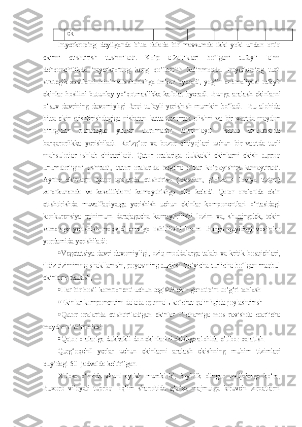 ek
Intyerkroping   deyilganda   bitta   dalada   bir   mavsumda   ikki   yoki   undan   ortiq
ekinni   etishtirish   tushiniladi.   Ko‘p   afzalliklari   bo‘lgani   tufayli   lalmi
dehqonchilikda   intyerkroping   keng   qo‘llanilib   kelinmoqda.   Intyerkoping   turli
strategik   xavflarni   minimallashtirishga   imkon   byeradi,   yog‘in   anomaliyasi   tufayli
ekinlar   hosilini   butunlay  yo‘qotmaslikka   kafolat   byeradi.  Bunga   aralash   ekinlarni
o‘suv   davrining   davomiyligi   farqi   tufayli   yerishish   mumkin   bo‘ladi.     Bu   alohida
bitta   ekin   etishtirishdagiga   nisbatan   katta   daromad   olishni   va   bir   vaqtda   maydon
birligidan   olinadigan   yuqori   daromadni   ta’minlaydi.   Ishlab   chiqarishda
barqarorlikka   yerishiladi.   Ro‘zg‘or   va   bozor   ehtiyojlari   uchun   bir   vaqtda   turli
mahsulotlar   ishlab   chiqariladi.   Qator   oralariga   dukkakli   ekinlarni   ekish   tuproq
unumdorligini   oshiradi,   qator   oralarida   begona   o‘tlar   ko‘payishini   kamaytiradi.
Ayrim   ekinlarni   qator   oralarida   etishtirish   (masalan,   g‘o‘za   +   loviya   tizimi)
zararkunanda   va   kasalliklarni   kamaytirishga   olib   keladi.   Qator   oralarida   ekin
etishtirishda   muvaffaqiyatga   yerishish   uchun   ekinlar   komponentlari   o‘rtasidagi
konkurensiya   minimum   darajagacha   kamaytirilishi   lozim   va,   shuningdek,   tekin
samaraga   yerishish   maqsadi   amalga   oshirilishi   lozim.   Bunga   quyidagi   vositalar
yordamida yerishiladi:
 Vegetatsiya davri davomiyligi, oziq moddalarga talabi va kritik bosqichlari,
ildiz tizimining shakllanishi, poyasining tuzilish bo‘yicha turlicha bo‘lgan maqbul
ekinlarni tanlash, 
 Har bir hosil komponenti uchun tegishli ekin genotipini to‘g‘ri tanlash 
 Ekinlar komponentini dalada optimalь ko‘chat qalinligida joylashtirish
 Qator   oralarida   etishtiriladigan   ekinlar   o‘lchamiga   mos   ravishda   etarlicha
maydonni ta’minlash
 Qator oralariga dukkakli don ekinlarini ekishga alohida e’tibor qaratish.
Qurg‘oqchil   yerlar   uchun   ekinlarni   aralash   ekishning   muhim   tizimlari
quyidagi 50- jadvalda keltirilgan.
Xulosa   o‘rnida   shuni   aytish   mumkinki,   3-yillik   olingan   natijalarga   ko‘ra,
Buxoro   viloyati   tuproq   –iqlim   sharoitida   g‘o‘za   majmuiga   kiruvchi   ziroatlarni 