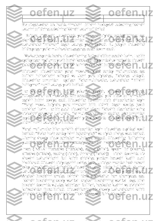 Siz   o zgaruvchan   tok   haqida   nimalarni     bilishni   hoxlaysiz?   Jadvalning   ikkinchiʻ
ustunini to ldiring.Jadvalning ikkinchi ustuni to ldiriladi                                	
ʻ ʻ
    So ngra   o qituvchi   uquvchilarda   yangi   mavzu   bo yicha   qanday   bilimga   ega	
ʻ ʻ ʻ
ekanliklarini   so raydi,   ular   tomonidan   bayon   etilgan   ma lumotlar,   fikrlar,	
ʻ ʼ
tushunchalar   “Bilaman”   degan   ustunga   yozib   beriladi.   Bu   jarayon   o quvchilar	
ʻ
bildirayotgan yaikr-mulohazalar tugaganga qadar davom etadi. 
  Mazkur jarayonda barcha o quvchilarning faoliyati e tibor qaratish lozim. Har bir	
ʻ ʼ
aytilayotgan ma lumot yozib borish kerak. Bunday yondashuv natijasida o quvchi	
ʼ ʻ
(talaba) o zi erkin, mustaqil fikrlash ko nikmalari hosil bo lishi mumkin. 	
ʻ ʻ ʻ
O qituvchi   o quvchilardan   yangi   mavzu   bo yicha   qanday   ma lumotlarga   ega	
ʻ ʻ ʻ ʼ
bo lishi   hohlashlarini   so raydi   va   ularni   yana   o ylashga,   fikrlashga   undaydi.
ʻ ʻ ʻ
O quvchilar   tomonidan     aytilgan   fikrlar-mulohazalar,   tushunchalar   “Bilishni
ʻ
hohlayman” nomli ustunga yozib boriladi. 
Har   ikki   ustun   bo yicha   faoliyat   yakuniga   yetgach,   o qituvchi   o quvchilarga	
ʻ ʻ ʻ
“O zgaruvchan   tok   mavzusiga   doir   tarqatma   material   yoki   o quv   qo llanmalarni	
ʻ ʻ ʻ
tegishli   bobini   tavsiya   etadi.   O quvchilar   bu   bobni   o qib   chiqqanlaridan   keyin	
ʻ ʻ
“Yangi   mavzu   bo yicha   yana   nimalarni   bilib   oldim?   Degan   savolga   javob	
ʻ
topishlari   lozim.   Har   bir   guruh   o quvchilari   o zaro   fikrlashib   olganlaridan   so ng	
ʻ ʻ ʻ
o zlashtirilgan   yangi   tushuncha,   fikr-mulohazalar   bayon   etadilar.   Ular   tomonidan	
ʻ
qayd   etilgan   tushunchalarni   o qituvchi   yozuv   taxtasida   o z   aksini   topgan   “Bilib	
ʻ ʻ
oldim” nomli ustunga yozib boradi.
Yangi   ma lumotlar   bilan   tanishib   chiqqanidan   keyin   o quvchiga   quyidagi   savol	
ʼ ʻ
beriladi: “Sizlar hozir qanday ishni bajardinglar?” va o ylab olishga vaqt beriladi.	
ʻ
Ularning   shaxsiy   o quv   tajribalari   muhokama   qilinadi.   O quvchilar   faolligining	
ʻ ʻ
yuqori darajasini qo llab turuvchi strategiyalardan biri Insert hisoblanadi:
ʻ
Insert   (INSERT-interactive   (interaktiv),   noting   (bilish),   system   for   (sistema),
effective   (effektiv),   reading   (o qish),   thinking   (fikrlash))   -   o qish   davomida   o z	
ʻ ʻ ʻ
shaxsini   tushunishlarini   faol   ko rib   chiqishga   yordam   beruvchi   kuchli   qurol	
ʻ
hisoblanadi. O quvchi o qiyotganini oxiriga kelib, u o qigan matndan hech narsani	
ʻ ʻ ʻ
eslay   olmasligi   holati   ko pchilik   o quvchilar   uchun   odatiy   hol   bo ladi,   shuning	
ʻ ʻ ʻ
uchun   matnni   o qiyotganida   faolligini   to plab   turish   uchun   Insert   yordam   beradi.	
ʻ ʻ
Anglash   bosqichini   amalga   oshirish   idrok   etish   uchun   ham   ahamiyatga   ega.
Ikkinchi   bosqichning   asosiy   vazifasi-   anglash   bosqichining   vazifasi-   esga   olish
bosqichi   davomida   vujudga   keltirilgan   faollikni,   harakatlar   kuchini   va   qiziqishini
ko rsatishdan   iborat   bo ladi.   O quvchilarning   o z   shaxsiy   tushunchalarini   ko rib	
ʻ ʻ ʻ ʻ ʻ
chiqishlari bo yicha urinishlarini qo llash muhim vazifa hisoblanadi. 	
ʻ ʻ 