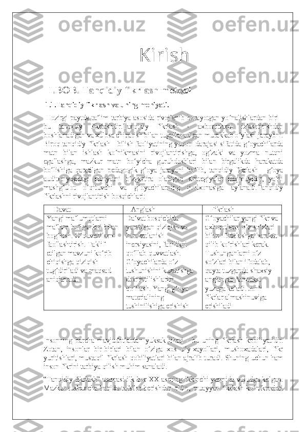                      Kirish
  I.BOB. Tanqidiy fikrlash metodi
 1.1. T anqidiy fikrlash va uning mohiyati. 
  H ozirgi paytda ta lim-tarbiya asosida rivojlanib borayotgan yo nalishlardan biri -ʼ ʻ
bu   tanqidiy   fikrlashdir.Tanqidiy   fikrlash   -   axborotlarni   izlashtirishdan
boshlanadigan va xulosa chiqarish bilan tugallanadigan murakkab o ylash jarayoni.	
ʻ
Biroq tanqidiy fikrlash - bilish faoliyatining yuqori darajasi sifatida g oyachilarda	
ʻ
matn   bilan   ishlash   ko nikmasini   rivojlantirishga,   og zaki   va   yozma   nutqni	
ʻ ʻ
egallashga,   mazkur   matn   bo yicha   guruhdoshlari   bilan   birgalikda   harakatda	
ʻ
bo lishiga   qaratilgan   pedagogik   g oya   jarayoni   bo lib,   tanqidiy   fikrlash   -   g oya	
ʻ ʻ ʻ ʻ
auditoriyasidagi   ruhiyatni   o zgartira   oladigan   strategiyalar   majmuyidir,   ya ni	
ʻ ʼ
mashg ulot   o qituvchi   va   g oyachilarning   ijodxonasiga   aylanadi.Tanqidiy	
ʻ ʻ ʻ
fikrlashni rivojlantirish bosqichlari:
    Davat    Anglash    Fikrlash
Yangi ma lumotlarni 	
ʼ
ma lum bo lganlari bilan 	
ʼ ʻ
bog lash. O quvchilarni 
ʻ ʻ
faollashtirish. Taklif 
etilgan mavzuni ko rib 	
ʻ
chiqishga qiziqish 
tug diriladi va maqsad 	
ʻ
aniqlanadi. Da vat bosqichida 	
ʼ
yaratilgan qiziqish va 
harakatlanish 
inersiyasini, faollikni 
qo llab-quvvatlash. 
ʻ
G oyachilarda o z 
ʻ ʻ
tushunishini kuzatishga 
doir intilishlarini 
qo llash. Yangi g oya 
ʻ ʻ
materialining 
tushinilishiga erishish G oyachilar yangi fikr va	
ʻ
axborotlarni o z so zlari 	
ʻ ʻ
bilan ifodalashga harakat
qilib ko rishlari kerak. 	
ʻ
Tushunganlarni o z 	
ʻ
so zlari bilan ifodalab, 	
ʻ
qayta tuzganda shaxsiy 
anglangan kontekst 
yuzaga keladi. Jonli 
fikrlar almashinuviga 
erishiladi
Insonning   barcha   mavjudotlardan   yuksak   jihati   -   bu   uning   fikrlash   kobiliyatidir.
Zotan,   insonlar   bir-birlari   bilan   o ziga   xos   o y-xayollari,   mushoxadalari,   fikr	
ʻ ʻ
yuritishlari, mustaqil fikrlash qobiliyatlari bilan ajralib turadi. Shuning uchun ham
inson fikrini tarbiya qilish muhim sanaladi.
“Tanqidiy fikrlash” atamasi  ilk bor XX asrning ikkinchi yarmida vujudga kelgan.
Mazkur tushuncha haqida tafsilot  berishdan oldin, muayyan fikrlash ko nikmalari	
ʻ 