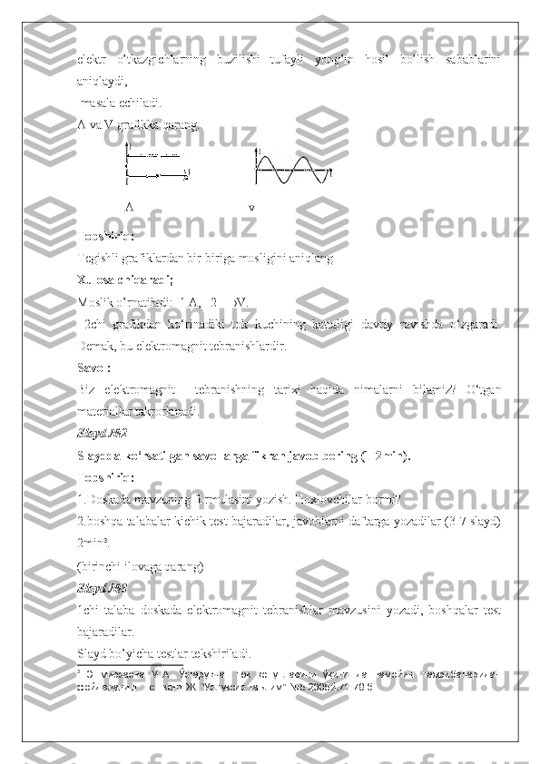 elektr   o’tkazgichlarning   buzilishi   tufayli   yong’in   hosil   bo’lish   sabablarini
aniqlaydi,
  masala echiladi.
A va V grafikka qarang.  
                                    
                A                                        v
Topshiriq:
Tegishli grafiklardan bir-biriga mosligini aniqlang
Xulosa chiqaradi;
Moslik o’rnatiladi:    1 A,     2 ––›V.
  2chi   grafikdan   ko‘rinadiki   tok   kuchining   kattaligi   davriy   ravishda   o‘zgaradi.
Demak, bu elektromagnit tebranishlardir.
Savol:
Biz   elektromagnit     tebranish ning   tarixi   haqida   nimalarni   bilamiz?   O‘tgan
materiallar takrorlanadi.
Slayd №2
Slaydda ko‘rsatilgan savollarga fikran javob bering (1-2min).
Topshiriq:
1.Doskada mavzuning formulasini yozish. Hoxlovchilar bormi?
2.boshqa talabalar kichik test bajaradilar, javoblarni daftarga yozadilar (3-7 slayd)
2min 3
.
(birinchi ilovaga qarang)
Slayd №8
1chi   talaba   doskada   elektromagnit   tebranishlar   mavzusini   yozadi,   boshqalar   test
bajaradilar.
Slayd bo’yicha testlar tekshiriladi.
3
  Эшмирзаева   М.А.   Ўзгарувчан   ток   қонунларини   ўқитишда   намойиш   тажрибаларидан
фойдаланиш. Тошкент.Ж. “Узлуксиз таълим”-№5 2005й.71-78 б. 