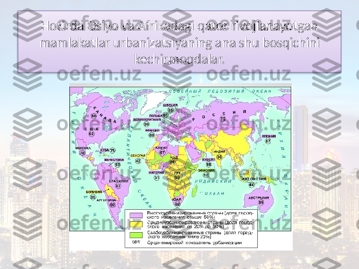 Hozirda Osiyo va Afrikadagi qator rivojlanayotgan
mamlakatlar urbanizatsiyaning ana shu bosqichini 
kechirmoqdalar.  