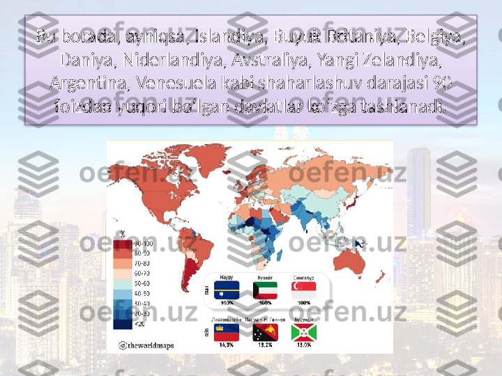 Bu borada, ayniqsa, Islandiya, Buyuk Britaniya, Belgiya,
Daniya, Niderlandiya, Avstraliya, Yangi Zelandiya, 
Argentina, Venesuela kabi shaharlashuv darajasi 90 
foizdan yuqori bo‘lgan davlatlar ko‘zga tashlanadi.  