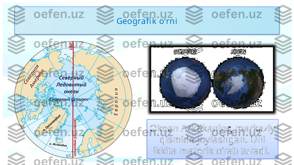 Geografi k  o‘rni
Okean Arktikaning markaziy 
qismida joylashgan. Uni 
ikkita  materik o‘rab turadi.    