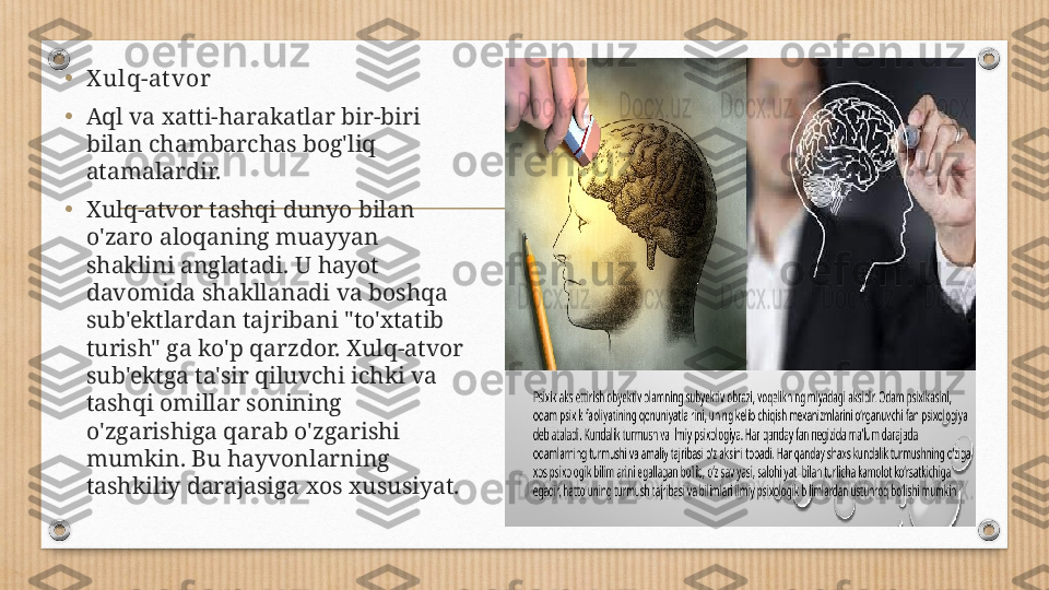 • X ulq-atvor
• Aql va xatti-harakatlar bir-biri 
bilan chambarchas bog'liq 
atamalardir.
• Xulq-atvor tashqi dunyo bilan 
o'zaro aloqaning muayyan 
shaklini anglatadi. U hayot 
davomida shakllanadi va boshqa 
sub'ektlardan tajribani "to'xtatib 
turish" ga ko'p qarzdor. Xulq-atvor 
sub'ektga ta'sir qiluvchi ichki va 
tashqi omillar sonining 
o'zgarishiga qarab o'zgarishi 
mumkin. Bu hayvonlarning 
tashkiliy darajasiga xos xususiyat. 