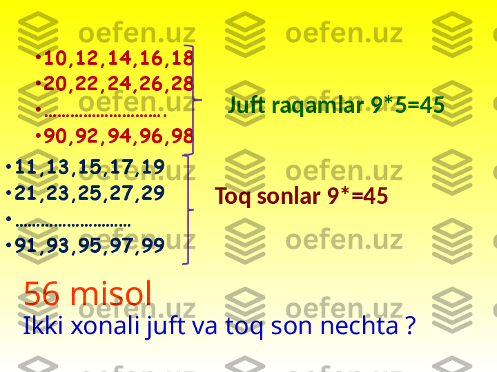 56 misol 
Ikki xonali juft va toq son nechta ? Juft raqamlar 9*5=45•
10,12,14,16,18
•
20,22,24,26,28
•
……………………… .
•
90,92,94,96,98
Toq sonlar 9*=45•
11,13,15,17,19
•
21,23,25,27,29
•
………………………
•
91,93,95,97,99 