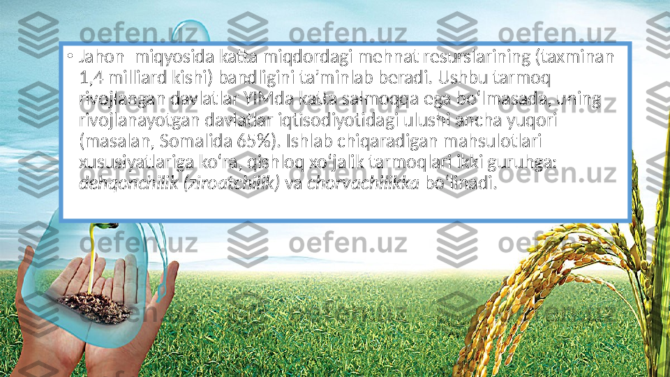 •
Jahon  miqyosida katta miqdordagi mehnat resurslarining (taxminan 
1,4 milliard kishi) bandligini ta’minlab beradi. Ushbu tarmoq 
rivojlangan davlatlar YIMda katta salmoqqa ega bo‘lmasada, uning 
rivojlanayotgan davlatlar iqtisodiyotidagi ulushi ancha yuqori 
(masalan, Somalida 65%). Ishlab chiqaradigan mahsulotlari 
xususiyatlariga ko‘ra, qishloq xo‘jalik tarmoqlari ikki guruhga: 
dehqonchilik (ziroatchilik)  va  chorvachilikka  bo‘linadi. 