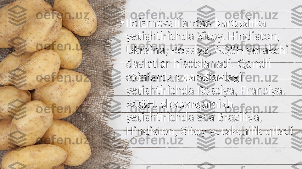 •
Ildizmevalilardan  kartoshka 
yetishtirishda Xitoy, Hindiston, 
Ukraina, Rossiya, AQSH yetakchi 
davlatlar hisoblanadi. Qandli 
ekinlardan  qandlavlagi 
yetishtirishda Rossiya, Fransiya, 
AQSH,  shakarqamish 
yetishtirishda esa Braziliya, 
Hindiston, Xitoy yetakchilik qiladi 