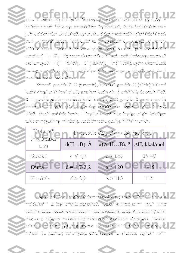 qabul qiluvchanligi) qobiliyatini baholaydigan aniq ma’lumot topish qiyin. Ayrim
hollarda birinchi ionizitsiya potensialidan foydalaniladi, chunki ionlashishda erkin
juftlik elektrondan uzoqlashadi, aynan, shu elektron vodorod bog‘lanishda ishtirok
etadi.   Potensial   qancha   kichik   bo‘lsa,   protonseptorlik   xususiyati   shunchalik
effektiv   bo‘ladi.   Lekin   bu   universal   g‘oya   emas.   Masalan,   galoidovodorodlar
qatorida  (HF, HCl, HBr) proton akseptorlik qobiliyati ortadi, ionizatsiya potensiali
esa   kamayadi   HF   (I1=16.4eV),   HCl   (12.8eV),   HBr   (11.7eV),   ayrim   sistemalarda
bunday   emas.   Aniq   tajriba   natijalariga   ko‘ra   uchlangan   aminlarda   azot   atomi
mustahkam bog‘ hosil qiladi. 
Karbonil   guruhda   C=O   (asetonda),   karboksil   guruhda   O   (efirda)   kislorod
kuchsiz bog‘lanish hosil qiladi, yana ham kuchsiz bog‘lanish NO
2  da azot bo‘ladi.
C≡H   guruhda   spirtlar     molekulalarida   kislorod,   C=O   guruhda   C   atomi   aromatik
birikmalar   [10]   yoki   qo‘sh   bog‘lardagi    -elektronlar   kuchsiz   bog‘lanish   hosil
qiladi.   Shartli   ravishda   barcha   H-bog‘lanishlarni   bitta   bog‘ga   to‘g‘ri   keladigan
ta’sir energiyasining  miqdoriga qarab bir necha guruhga bo‘lish mumkin.
Eng yuqori o‘zaro bog‘lanish (samoassotsiatsiya) suvda bo‘ladi. Har bir suv
molekulasi   4   ta   bog‘lanishda   qatnashadi.   Ikkitasi   vodorod   atomi   orqali   donor
proton sifatida, ikkitasi kislorod atomi orqali akseptor sifatida. Vodorod bog‘lanish
mavjudligi   ko‘pgina  moddalarning  makroskopik   xossalarini   o‘zgartiradi.   Turdosh
brikmalar   qatorida   H
2 O   ning   qaynash   temperaturalari   birinchisida   eng   yuqori
bo‘ladi.   Bu   qatordagi   qonuniyatga   ko‘ra   suv   normal   sharoitda   qaynashi   lozim 