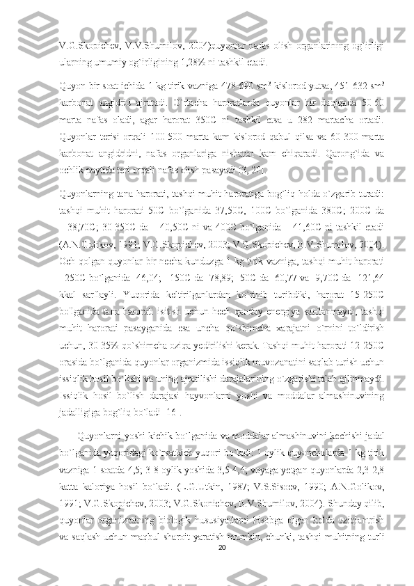 V.G.Skopichev,   V.V.Shumilov,   2004)quyonlar   nafas   olish   organlarining   og`irligi
ularning umumiy og`irligining 1,28% ni tashkil etadi.
Quyon bir soat ichida 1 kg tirik vazniga 478-690 sm 3
  kislorod yutsa, 451-632 sm 3
karbonat   angidrid   ajratadi.   O`rtacha   haroratlarda   quyonlar   bir   daqiqada   50-60
marta   nafas   oladi,   agar   harorat   350C   ni   tashkil   etsa   u   282   martacha   ortadi.
Quyonlar   terisi   orqali   100-500   marta   kam   kislorod   qabul   qilsa   va   60-300   marta
karbonat   angidridni,   nafas   organlariga   nisbatan   kam   chiqaradi.   Qarong`ida   va
ochlik paytida teri orqali nafas olish pasayadi [3, 20].
Quyonlarning tana harorati, tashqi muhit haroratiga bog`liq holda o`zgarib turadi:
tashqi   muhit   harorati   50C   bo`lganida   37,50C,   100C   bo`lganida   380C;   200C   da
– 38,70C;  30-350C da – 40,50C ni va 400C bo`lganida – 41,60C ni  tashkil  etadi
(A.N.Golikov, 1991; V.G.Skopichev, 2003; V.G.Skopichev, B.V.Shumilov, 2004).
Och qolgan quyonlar bir necha kunduzga 1 kg tirik vazniga, tashqi muhit harorati
+250C bo`lganida -46,04; +150C da -78,89; -50C da -60,77 va -9,70C da -121,64
kkal   sarflayli.   Yuqorida   keltirilganlardan   ko`rinib   turibdiki,   harorat   15-250C
bo'lganida   tana   harorati   isitish   uchun   hech   qanday   energiya   sarflanmaydi,   tashqi
muhit   harorati   pasayganida   esa   uncha   qo`shimcha   xarajatni   o`rnini   to`ldirish
uchun, 30-35% qo`shimcha oziqa yedirilishi kerak. Tashqi muhit harorati 12-250C
orasida bo`lganida quyonlar organizmida issiqlik muvozanatini saqlab turish uchun
issiqlik hosil bo`lishi va uning ajratilishi darajalarining o`zgarishi talab qilinmaydi.
Issiqlik   hosil   bo`lish   darajasi   hayvonlarni   yoshi   va   moddalar   almashinuvining
jadalligiga bog`liq bo`ladi [16]. 
          Quyonlarni yoshi kichik bo`lganida va moddalar almashinuvini kechishi jadal
bo`lganida yuqoridagi ko`rsatkich yuqori bo`ladi: 1 oylik quyonchalarda 1 kg tirik
vazniga 1 soatda 4,5; 3-8 oylik yoshida 3,5-4,4; voyaga yetgan quyonlarda 2,3-2,8
katta   kaloriya   hosil   bo`ladi.   (L.G.Utkin,   1987;   V.S.Sisoev,   1990;   A.N.Golikov,
1991; V.G.Skopichev, 2003; V.G.Skonichev, B.V.Shumilov, 2004). Shunday qilib,
quyonlar   organizmining   biologik   hususiyatlarni   hisobga   olgan   holda   oziqlantrish
va saqlash  uchun maqbul sharoit  yaratish mumkin, chunki, tashqi  muhitning turli
20 