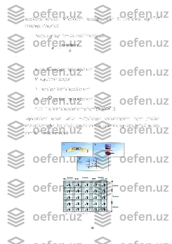 kattaklarda   sanaladi.   Mikroskopni   kattaligini   oldin   20   obe’ktivda   keyin   40
obektivga o’tkaziladi. 
    Natija quyidagi formula orqali hisoblanadi.
                           
           Bunda A- sanalgan  l eykotsitlar soni
V- suyultirish darajasi
B – sanalgan kichik kattaklar soni
X – 1 mm 3 
qondagi  l eykotsitlar  soni
4000- 1 ta kichik kattakchaning hajmi(20x20x10).
Leykotsitlarni   sanash   uchun   mo’ljallangan   aralashtirgichni   hajmi   jihatdan
eritrotsitlarnikidan farq qiladi, qavariq qismida oq shisha tayoqcha bo’ladi va tepa
qismida 11 belgisi mavjud.
30 