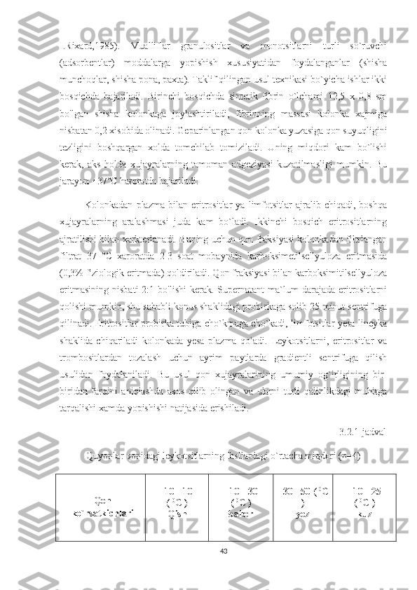 I.Rixard,1985).   Mualliflar   granulositlar   va   monotsitlarni   turli   so`ruvchi
(adsorbentlar)   moddalarga   yopishish   xususiyatidan   foydalanganlar   (shisha
munchoqlar, shisha pona, paxta). Taklif qilingan usul texnikasi bo`yicha ishlar ikki
bosqichda   bajariladi.   Birinchi   bosqichda   sintetik   fibrin   o`lchami   12,5   x   0,8   sm
bo'lgan   shisha   kolonkaga   joylashtiriladi,   fibrinning   massasi   kolonka   xajmiga
nisbatan 0,2 xisobida olinadi. Geparinlangan qon kolonka yuzasiga qon suyuqligini
tezligini   boshqargan   xolda   tomchilab   tomiziladi.   Uning   miqdori   kam   bo`lishi
kerak,   aks   holda   xujayralarning   tamoman   adgeziyasi   kuzatilmasligi   mumkin.   Bu
jarayon +37°C haroratda bajariladi. 
              Kolonkadan   plazma   bilan   eritrositlar   ya   limfotsitlar   ajralib   chiqadi,   boshqa
xujayralarning   aralashmasi   juda   kam   bo`ladi.   Ikkinchi   bosqich   eritrositlarning
ajratilishi bilan xarkterlanadi. Buning uchun qon fraksiyasi kolonkadan filtrlangan
filtrat   37   °C   xaroratda   2-3   soat   mobaynida   karboksimetilsellyuloza   eritmasida
(0,3% fiziologik eritmada) qoldiriladi. Qon fraksiyasi bilan karboksimitilsellyuloza
eritmasining   nisbati  2:1  bo'lishi   kerak.   Supernatant  ma`lum   darajada  eritrositlarni
qolishi mumkin, shu sababli konus shaklidagi probirkaga solib 25 minut sentrifuga
qilinadi. Eritrositlar probirka tubiga cho`kmaga cho`kadi, limfotsitlar yesa lineyka
shaklida   chiqariladi   kolonkada   yesa   plazma   qoladi.   Leykotsitlarni,   eritrositlar   va
trombositlardan   tozalash   uchun   ayrim   paytlarda   gradientli   sentrifuga   qilish
usulidan   foydalaniladi.   Bu   usul   qon   xujayralarining   umumiy   og`irligining   bir-
biridan   farqini   aniqlashda   asos   qilib   olingan   va   ularni   turli   qalinlikdagi   muhitga
tarqalishi xamda yopishishi natijasida erishiladi.
                                                                                                                   3.2.1-jadval
Quyonlar qonidagi leykotsitlarning fasllardagi o`rtacha miqdori (n=4)
Qon
ko`rsatkichlari -10 +10 
(  0
C )
Qish +10 +30 
(  0
C )
bahor +30 +50 (  0
C
)
yoz +10 +25 
(  0
C )
kuz
43 