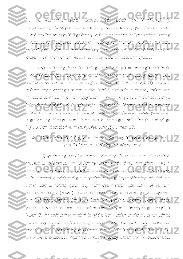 bu   esa   «tamomlanmagan»   fagositoz   deb   ataladi.   (N.T.Vinnikov,2003).
Fagositlarning   funksiyasi   komplimentning   komponentlari,   yallig`lanishi   o`tkir
fazasi  oqsillari  va qaysiki  fagositlar yuzasidan riseptorlari bo`lgan antitanalarning
o`zaro   ta`siri   natijasida   tezlashishi   kuchayishi   mumkin.   Bundan   tashqari,
makrofaglar   o`zlaridan   immun   reaksiyalarni   boshqarilishida   ishtirok   etuvchi
eruvchi oqsil-manokinlarni va boshqa biologik aktiv moddalarni ajratadi.
          Leykotsitlarning   fagositlar   faolligi   turli   fiziologik   va   patologik   holatlarda
o`zgarishi   mumkin,   u   hayvonning   genotipi   hayvonning   turi,   zoti,   yoshi,   yil   fasli,
bug`ozlik   va   boshqa   omillarga   bog`liq   bo`ladi.   (N.T.Vinnikov,2003).   Bundan
tashqari   organizmning   sovuqqa   qotishi   jadal   ionlanuvchi   nurlanish,   leykotoksip
moddalar ta`sirida, milefoldli hujayralarni hosil bo`lishiga va tomirlar devorlariga
litkositlarni   yopishib   olish   qobiliyatini   pasaytiruchi   kirozon   tasirida   fagositoz
to`xtalishi   mumkin,   bularning   barchasi   kasalliq   qo`zg`atuvchi   bakteriyalar   bilan
organizmning   himoya   kuchi   bilan   kurash   boradigan   yallig`lanish   o`chog`iga
leykotsitlarni deapedezi va migrasiyasiga qarshilik ko`rsatiladi.
1.3.1. Oziqa ratsionlarining to`la qimmatligiga bog`liq holda ona quyonlar
spesifik immun tizimining funksional holati
              Quyonlarning   spesifik   immun   tizimining   funksional   holatini   baholash
maqsadida   leykotsitlar,   limfotsitlarning   umumiy   midori   va   immuniteti   T   va   B
tizimlari   ko`rsatkichlari   aniqladik.Olib   borilgan   kuzatishlarimizni,   ko`rsatishicha,
to`la   qimmatsiz   oziqlantirilgan   quyonlar   qonidagi   leykotsitlarning   miqdori   sut
berish   davrida   nazorat   guruhi   quyonlarinikiga   nisbatan   0,26-0,34∙109/l   ga   kam
bo`lishi   aniqlandi   (jadval).   Butun   sut   berish   davrida   nazorat   guruhi   quyonlari
qonidagi leykotsitlari miqdori jiddiy darajada o`zgarishga uchramadi, ammo tajriba
guruhi   quyonlarida   esa   bu   ko`rsatkich   bo`yicha   kamayishiga   moyillik
kuzatildi.Limfotsitlarning   miqdori   bo`yicha   kam   farqlar   aniqlandi,   aynan   tajriba
guruhi   quyonlarida   limfotsitlarning   miqdori   butun   sut   berish   davri   davomida
nazorat   guruhi   quyonlaridagiga   nisbatan   kam   bo`lishi   kuzatildi.   Bu   farqlar   0,67-
0,80∙109/l chegarasida o`zgarib turdi. Xuddi shunday farqlar foizli ko`rsatkichlarda
51 