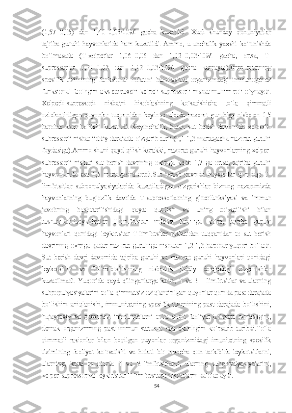 (1,57±0,05)   dan   1,40±0,03∙109/l   gacha   kuzatildi.   Xudi   shunday   qonuniyatlar
tajriba   guruhi   hayvonlarida   ham   kuzatildi.   Ammo,   u   unchalik   yaxshi   ko`rinishda
bo`lmasada   (T-xelperlar   1,06±0,06   dan   1,12±0,03∙109/l   gacha,   ortsa,   T-
supressorlar   1,21±0,03   dan   1,12±0,03∙109/l   gacha   kamaydi).Immunitetning
spesifik   tizimining   funksional   holatini   baholashda   organizmdagi   immunogenez
funksional faolligini aks ettiruvchi kelpeli-supressorli nisbat muhim roli o`ynaydi.
Xelperli-supressorli   nisbatni   hisoblashning   ko`satishicha   to`la   qimmatli
oziqlantirilgan quyonlar tuqqanidan keyinoq ularda nazorat guruhiga nisbatan 1,5
barobar   kam   bo`lishi   kuzatildi.   Keyinchalik,   butun   sut   berish   davomida   xelperli-
subressorli nisbat jiddiy darajada o`zgarib turli (1,1-1,3 martagacha nazorat guruhi
foydasiga).Ammo shuni qayd qilish kerakki, nazorat guruhi hayvonlarning xelper-
subressorli   nisbati   sut   berish   davrining   oxiriga   kelib   1,7   ga   ortsa,   tajriba   guruhi
hayvonlarida   esa   1,5   martagacha   ortdi.Sut   berish   davrida   hayvonlar   qonidagi   T-
limfotsitlar   subpopulyasiyalarida   kuzatiladigan   o`zgarishlar   bizning   nazarimizda
hayvonlarning   bug`ozlik   davrida   T-supressorlarning   giperfunksiyasi   va   immun
javobning   boshqarilishidagi   qayta   qurilish   va   uning   to`xatilishi   bilan
tushuniladi.Leykotsitlar   T-limfotsitar   indeksi   tahliliga   ko`ra,   tajriba   guruhi
hayvonlari   qonidagi   leykotsitar   T-limfotsitar   nisbatidan   tuqqanidan   to   sut   berish
davrining oxiriga qadar nazorat  guruhiga nisbatan 1,2-1,3 barobar yuqori bo`ladi.
Sut   berish   davri   davomida   tajriba   guruhi   va   nazorat   guruhi   hayvonlari   qonidagi
leykotsitlar   va   T-limfotsitlarning   nisbatida   jiddiy   darajadagi   o`zgarishlar
kuzatilmadi. Yuqorida qayd qilinganlarga ko`ra, T va B – limfotsitlar va ularning
subpopulyasiyalarini to`la qimmatsiz oziqlantirilgan quyonlar qonida past darajada
bo`lishini   aniqlanishi,   immunitetning   spesifik   tizimining   past   darajada   bo`lishini,
hujayraviy   va   gumoralli   immunitelarni   to`la   qonli   faoliyat   ko`rsata   olmasligini,
demak   organizmning   past   immun   statusga   ega   ekanligini   ko`rsatib   turibdi.To`la
qimmatli   rasionlar   bilan   boqilgan   quyonlar   organizmidagi   imunitetning   spesifik
tizimining   faoliyat   ko`rsatishi   va   holati   bir   muncha   qon   tarkibida   leykotsitlarni,
ularning,   katta   miqdorda   T   va   B-limfotsitlarni,   ularning   subpopulyasiyalarini,
xelper-supressor va leykotsitar T-limfotsitarli nisbatlarni dalolatlaydi.
54 