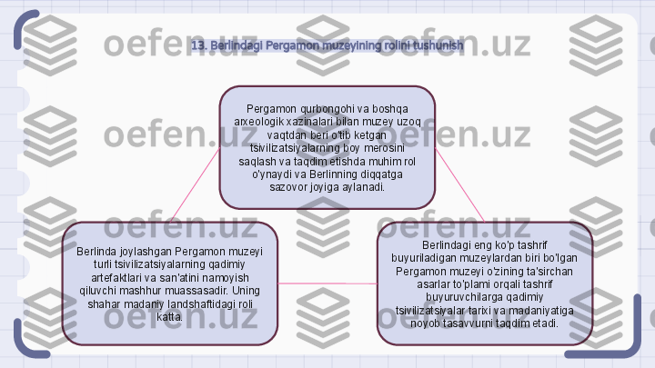 13. Berlindagi Pergamon muzeyining rolini tushunish
Berlinda joylashgan Pergamon muzeyi 
turli tsivilizatsiyalarning qadimiy 
artefaktlari va san'atini namoyish 
qiluvchi mashhur muassasadir. Uning 
shahar madaniy landshaftidagi roli 
katta. Berlindagi eng ko'p tashrif 
buyuriladigan muzeylardan biri bo'lgan 
Pergamon muzeyi o'zining ta'sirchan 
asarlar to'plami orqali tashrif 
buyuruvchilarga qadimiy 
tsivilizatsiyalar tarixi va madaniyatiga 
noyob tasavvurni taqdim etadi.Pergamon qurbongohi va boshqa 
arxeologik xazinalari bilan muzey uzoq 
vaqtdan beri o'tib ketgan 
tsivilizatsiyalarning boy merosini 
saqlash va taqdim etishda muhim rol 
o'ynaydi va Berlinning diqqatga 
sazovor joyiga aylanadi.                                                               