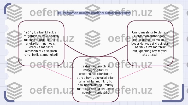 15. Pergamon muzeyi: madaniy almashinuv ramzi
1907 yilda tashkil etilgan 
Pergamon muzeyi qadimiy 
madaniyatlarga oid nafis 
artefaktlarni namoyish 
etadi va madaniy 
almashinuv va saqlash 
ramzi bo'lib xizmat qiladi. Uning mashhur to'plamiga 
Pergamon qurbongohi, 
Ishtar darvozasi va Milet 
bozor darvozasi kiradi, ular 
badiiy va me'morchilik 
yutuqlarining boy tarixini 
aks ettiradi.
Tashrif buyuruvchilar 
muzeyning turli xil 
eksponatlari bilan butun 
dunyo tsivilizatsiyalari bilan 
tanishishlari mumkin, bu 
esa insoniyatning umumiy 
merosiga sho'ng'ish uchun 
noyob imkoniyatdir.                                                               