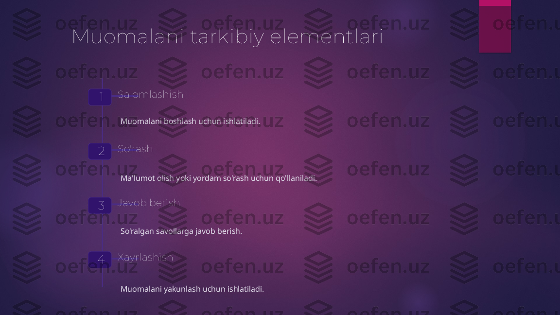 Muomalani tarkibiy elementlari
1 Salomlashish
Muomalani boshlash uchun ishlatiladi.
2 So'rash
Ma'lumot olish yoki yordam so'rash uchun qo'llaniladi.
3 Javob berish
So'ralgan savollarga javob berish.
4 Xayrlashish
Muomalani yakunlash uchun ishlatiladi.   