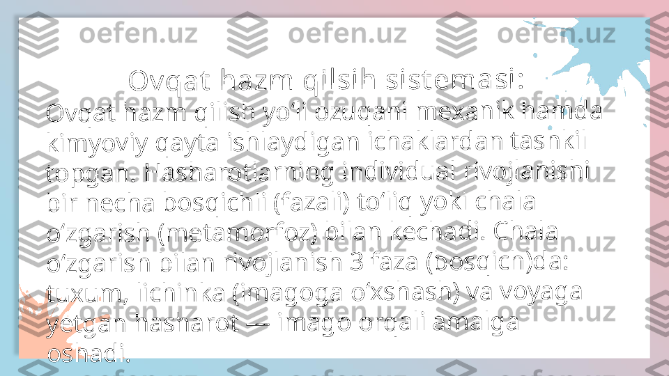    	  	   	  	  	O	v	q	a	t	 h	a	z	m	 	q	i	ls	i	h	 	s	i	s	t	e	m	a	s	i	:	
O	v	q	a	t	 h	a	zm	 q	il	is	h	 y	o	ʻl	i 	o	z	u	q	a	n	i m	e	x	a	n	ik	 h	a	m	d	a	 	
k	im	y	o	v	iy	 q	a	y	t	a	 i	s	h	la	y	d	ig	a	n	 ic	h	a	k	la	r	d	a	n	 t	a	s	h	k	il 	
to	p	g	a	n	. 	H	a	s	h	a	r	o	t	la	r	n	in	g	 in	d	iv	id	u	a	l r	iv	o	jla	n	is	h	i 	
b	ir	 n	e	c	h	a	 b	o	sq	ic	h	li 	(f	a	z	a	li	) 	t	o	ʻl	iq	 y	o	k	i 	c	h	a	la	 	
o	ʻz	g	a	r	is	h	 (m	e	t	a	m	o	r	fo	z	)	 b	il	a	n	 k	e	c	h	a	d	i.	 C	h	a	la	 	
o	ʻz	g	a	r	is	h	 b	ila	n	 r	iv	o	jla	n	is	h	 3	 f	a	za	 (	b	o	s	q	ic	h	)d	a	: 	
tu	x	u	m	, l	ic	h	in	k	a	 (	im	a	g	o	g	a	 o	ʻx	s	h	a	s	h	)	 v	a	 v	o	y	a	g	a	 	
ye	tg	a	n	 h	a	s	h	a	r	o	t	 —	 im	a	g	o	 o	r	q	a	li 	a	m	a	lg	a	 	
o	s	h	a	d	i.  