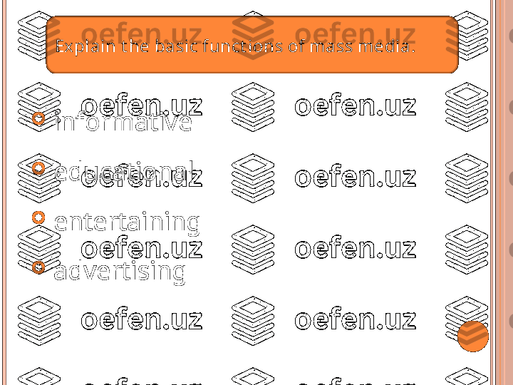 
  informative 

  educational 

  entertaining 

  advertising  Explain t he basic funct ions of mass media .   