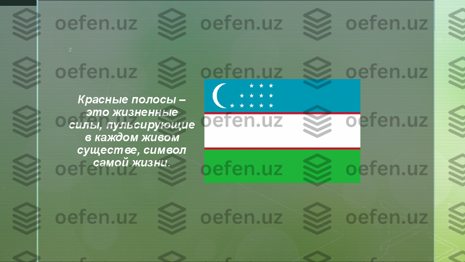 z
Красные полосы – 
это жизненные 
силы, пульсирующие 
в каждом живом 
существе, символ 
самой жизни.  