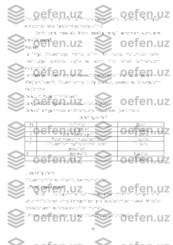 o‘qituvchilarning   ishtiroki   ta’minlandi.Ushbu   ochiq   darslarda   kompyuter
vositalaridan keng foydalanishga harakat qilindi. 
Ochiq   dars   mavzusi:   Model   asosida   rangli   kartondan   kuchukcha
shaklini yasash
Maqsad
Ta`limiy:   O‘quvchilarga   mehnat   ta`limi   fani   haqida   ma`lumotlar   berish.
Texnologiya   darslarida   qog‘oz   va   karton   bilan   ishlash   ko‘nikmalarini
shakllantirish.
Tarbiyaviy:  O‘quvchilarni mehnatsevarlik, yaratuvchanlik ruhida tarbiyalash
Rivojlantiruvchi:   O‘quvchilarning   ijodiy   tafakkur,   tasavvur   va   fantaziyalarini
rivojlantirish
Dars turi : Yangi bilim beruvchi
Dars jihozi : Ko‘rgazma, mehnat qurollari, slaydlar
Dars qo‘llanilgan metodlar : Zinama-zina metodi, savol-javob metodi
Darsning borishi
T/R Bo‘limlar Vaqti
1 Tashkiliy qism 5  daqiqa
2 Yangi mavzu bayoni 15 daqiqa
3 Yangi mavzuni mustahkamlash 10 daqiqa
4 O‘quvchilarni rag‘batlantirish.Darsni
yakunlash 10 daqia
5 Uyga vazifa 5 daqiqa
Jami 45 daqiqa
I.Tashkiliy qism:
O‘quvchilar bilan salomlashib, davomatni aniqlash
II.Yangi mavzu bayoni:
Model   —   bu   buyumning     qurilmasi   va   ishlash   prinsipini     namoyish   qilish
uchun mo‘ljallangan uning kichraytirilgan  yoki kattalashtirilgan nusxasi. Modellar
harakatlanuvchi  va harakatsiz bo‘lishi mumkin.
1.Zinama-zina metodining mohiyati o‘quvchilarga tushuntiriladi.
52 