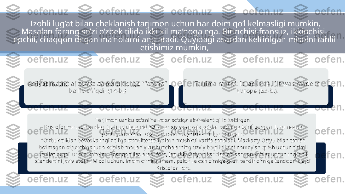   Izohli lug’at bilan cheklanish tarjimon uchun har doim qo’l kelmasligi mumkin. 
Masalan farang so’zi o’zbek tilida ikki xil ma’noga ega. Birinchisi-fransuz, ikkinchisi-
epchil, chaqqon degan ma’nolarni anglatadi. Quyidagi asardan keltirilgan misolni tahlil 
etishimiz mumkin,
Tarjima mat ni: It  look s as if it  w as made in 
Europe (53-b.).A sliy at  mat ni: ojizamiz do‘ppi t ik ishga “ farang”  
bo‘lib chiqdi. (14-b.)
Tarjimon ushbu so’zni Yevropa so’ziga ekvivalent qilib keltirgan.
Kristofor Fort romandagi turli uslubga oid 39 ta tarixiy va arxaik so‘zlar qatoriga ta’rif bergan. U romanda 
yoritilgan so‘zlar to‘g‘risida shunday fikrlarni ilgari surgan: 
“ O‘zbek tilidan bevosita ingliz tiliga transliteratsiyalash mushkul vazifa sanaladi. Markaziy Osiyo bilan tanish 
bo‘lmagan o‘quvchiga juda ko‘plab madaniy tushunchalarning uzviy bog‘liqligini namoyish qilish uchun tizimli 
usullar orqali urinib ko‘rdim. Boshqa tillar, arab, fors, Janubiy Osiyo tillaridan o‘zlashgan so‘zlar uchun ingliz tili 
standartini joriy etdim. Misol uchun, imom o‘rniga imam, palov va osh o‘rniga pilaf, tandir o‘rniga tandoor” deydi 
Kristofor Fort. 