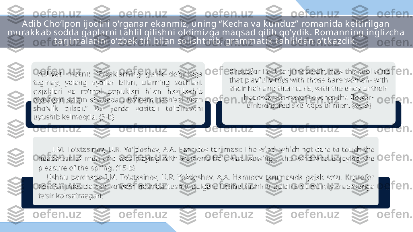 Adib Cho‘lpon ijodini o‘rganar ek anmiz, uning “ Kecha v a k unduz”  romanida k elt irilgan 
murak k ab sodda gaplarni t ahlil qilishni oldim izga maqsad qilib qo‘y dik . Romanning inglizcha 
t arjimalarini o‘zbek  t ili bilan solisht irib, grammat ik  t ahlildan o‘t k azdik .
  Krist ofor Fort  t arjimasi:  Oh, how the cool wind 
that playfully toys with those bare woman- with 
their hair and their curls, with the ends of their 
headscarves-never touches the flower-
embroidered skullcaps of men. (46-b)  A sliy at   mat ni:  “Erkaklarning  gullik  do‘ppisiga 
tegmay,  yalang  ayollar  bilan,  ularning  sochlari, 
gajaklari  va  ro‘mol  popuklari  bilan  hazillashib 
o‘ynagan  salqin  shabada…  ko‘klam  nash’asi  bilan 
sho‘xlik  qiladi.”  Bu  yerda  vositali  to‘ldiruvchi 
uyushib kelmoqda. (3-b)
            I.M.  To‘xtasinov,  U.R.  Yo‘ldoshev,  A.A.  Hamidov  tarjimasi:  The  wind,  which  not  dare  to  touch  the 
headwear  of  men  and  was  playing  with  women’s  hair,  was  blowing…  the  wind  was  enjoying  the 
pleasure of the spring. (15-b)
      Ushbu  parchada  I.M.  To‘xtasinov,  U.R.  Yo‘ldoshev,  A.A.  Hamidov  tarjimasida  gajak  so‘zi,  Kristofor 
Fort  tarjimasida  esa  ko‘klam  nash’asi  tushib  qolgan.  Ushbu  tushirib  qoldirish  umumiy  mazmunga 
ta’sir ko‘rsatmagan. 