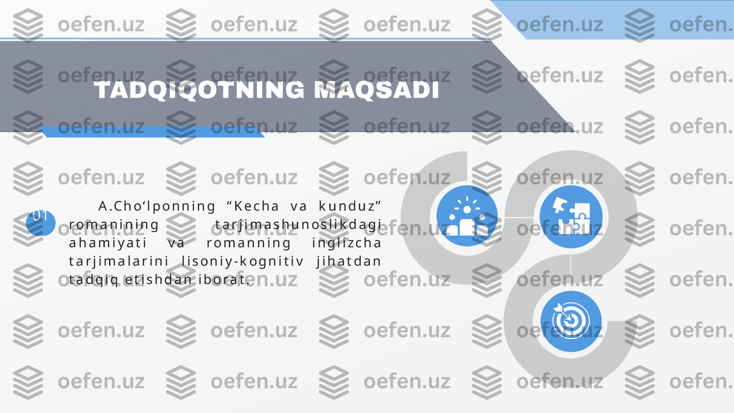 01       A . C h o ‘ l p o n n i n g   “ K e c h a   v a   k u n d u z ”  
r o m a n i n i n g   t a r j i m a s h u n o s l i k d a g i  
a h a m i y a t i   v a   r o m a n n i n g   i n g l i z c h a  
t a r j i m a l a r i n i   l i s o n i y - k o g n i t i v   j i h a t d a n  
t a d q i q   e t i s h d a n   i b o r a t . TADQIQOTNING MAQSADI    