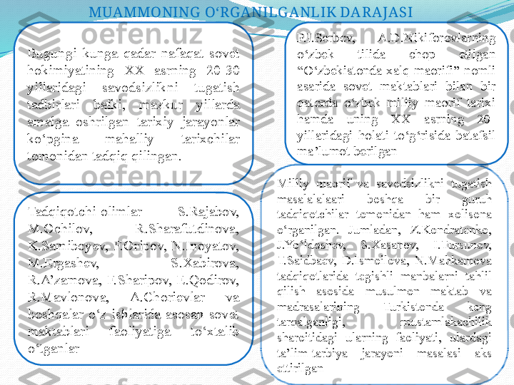 MUAMMONING  O‘RGA NILG ANLIK DAR AJASI
Bugungi  kunga  qadar  nafaqat  sovet 
hokimiyatining  XX  asrning  20-30 
yillaridagi  savodsizlikni  tugatish 
tadbirlari  balki,  mazkur  yillarda 
amalga  oshrilgan  tarixiy  jarayonlar 
ko‘pgina  mahalliy  tarixchilar 
tomonidan tadqiq qilingan.
Tadqiqotchi-olimlar  S.Rajabov, 
M.Ochilov,  R.Sharafutdinova, 
K.Samiboyev,  F.Oripov,  N.Inoyatov, 
M.Ergashev,  S.Xabirova, 
R.A’zamova,  F.Sharipov,  E.Qodirov, 
R.Mavlonova,  A.Chorievlar  va 
boshqalar  o‘z  ishlarida  asosan  sovet 
maktablari  faoliyatiga  to‘xtalib 
o‘tganlar Milliy  maorif  va  savodsizlikni  tugatish 
masalalalaari  boshqa  bir  guruh 
tadqiqotchilar  tomonidan  ham  xolisona 
o‘rganilgan.  Jumladan,  Z.Kondratenko, 
J.Yo‘ldoshev,  S.Xasanov,  I.Tursunov, 
T.Saidbaev,  D.Ismoilova,  N.Mahkamova 
tadqiqotlarida  tegishli  manbalarni  tahlil 
qilish  asosida  musulmon  maktab  va 
madrasalarining  Turkistonda  keng 
tarqalganligi,  mustamlakachilik 
sharoitidagi  ularning  faoliyati,  ulardagi 
ta’lim-tarbiya  jarayoni  masalasi  aks 
ettirilgan P.I.Serbov,  A.D.Nikiforovlarning 
o‘zbek  tilida  chop  etilgan 
“O‘zbekistonda  xalq  maorifi”  nomli 
asarida  sovet  maktablari  bilan  bir 
qatorda  o‘zbek  milliy  maorif  tarixi 
hamda  uning  XX  asrning  20-
yillaridagi  holati  to‘g‘risida  batafsil 
ma’lumot berilgan 