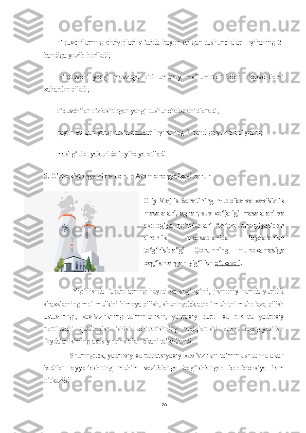 —       o‘quvchilarning   ehtiyojlari   sifatida   bayon   etilgan   tushunchalar   loyihaning   2-
bandiga yozib boriladi;
—       o‘qituvchi   yangi   mavzuga   oid   umumiy   ma’lumotlar   bilan   o‘quvchilarni
xabardor qiladi;
—      o‘quvchilar o‘zlashtirgan yangi tushunchalar aniqlanadi;
—      bayon etilgan yangi tushunchalar loyihaning 2-bandiga yozib qo‘yiladi;
—      mashg‘ulot yakunida loyiha yaratiladi.
5.  O’zbekistonga nima uchun Atom energetikasi zarur
Oliy Majlis Senatining mudofaa va   х avfsizlik
masalalari, agrar, suv   х o jaligi masalalari  vaʻ
ekologiya   qo mitalari   “Atom   energiyasidan	
ʻ
tinchlik   maqsadlarida   foydalanish
to g risida”gi   Qonunning   muhokamasiga	
ʻ ʻ
bag ishlangan yig ilish	
ʻ ʻ   o tkazdi	ʻ .
 
                      Yig ilishda   fuqarolarning  hayoti   va  sog lig ini,  jismoniy   hamda   yuridik	
ʻ ʻ ʻ
sha х slarning mol-mulkini himoya qilish, shuningdek atrof-muhitni muhofaza qilish
ustuvorligi,   х avfsizlikning   ta’minlanishi,   yadroviy   qurol   va   boshqa   yadroviy
portlovchi   qurilmalar   ishlab   chiqarishning   taqiqlanishi   atom   energiyasidan
foydalanishning asosiy prinsiplari ekani ta’kidlandi.
             Shuningdek, yadroviy va radiatsiyaviy  х avfsizlikni ta’minlashda malakali
kadrlar   tayyorlashning   muhim   vazifalariga   bag ishlangan   konferensiya   ham	
ʻ
o tkazildi.	
ʻ
26 