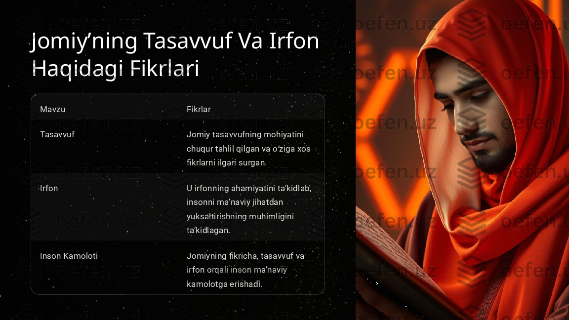 Jomiyʼning Tasavvuf Va Irfon 
Haqidagi Fikrlari
Mavzu Fikrlar
Tasavvuf Jomiy tasavvufning mohiyatini 
chuqur tahlil qilgan va o ziga xos ʻ
fikrlarni ilgari surgan.
Irfon U irfonning ahamiyatini taʼkidlab, 
insonni maʼnaviy jihatdan 
yuksaltirishning muhimligini 
taʼkidlagan.
Inson Kamoloti Jomiyning fikricha, tasavvuf va 
irfon orqali inson maʼnaviy 
kamolotga erishadi.       