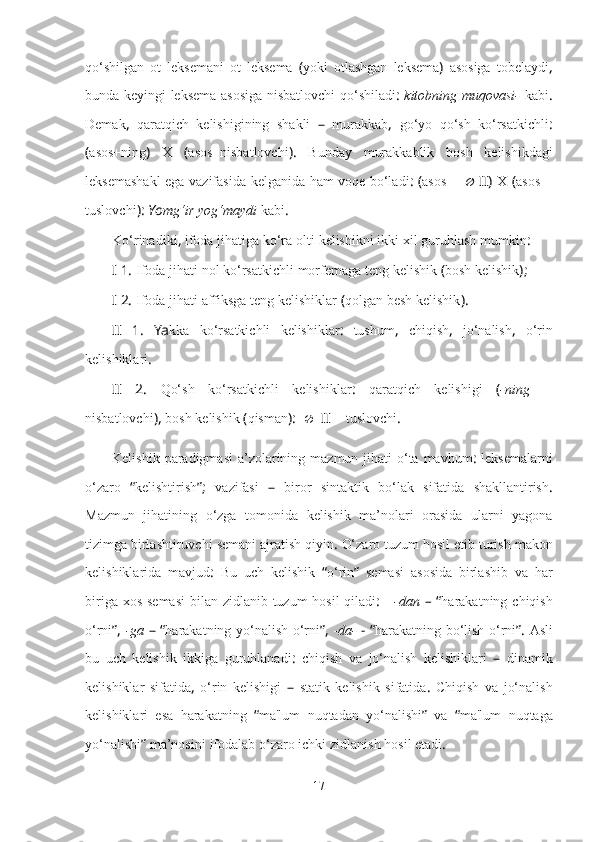 qo‘shilgan   ot   leksemani   ot   leksema   ( yoki   otlashgan   leksema )   asosiga   tobelaydi ,
bunda   keyingi   leksema   asosiga   nisbatlovchi   qo‘shiladi :   kitobning   muqovasi-   kabi .
Demak ,   qaratqich   kelishigining   shakli   –   murakkab ,   go‘yo   qo‘sh   ko‘rsatkichli :
( asos+ning )   X   ( asos+nisbatlovchi ).   Bunday   murakkablik   bosh   kelishikdagi
leksemashakl   ega   vazifasida   kelganida   ham   voqe   bo‘ladi : ( asos   +     II)   X   ( asos   +
tuslovchi ):  Yo mg‘ir   yog‘maydi   kabi . 
Ko‘rinadiki ,  ifoda   jihatiga   ko‘ra   olti   kelishikni   ikki   xil   guruhlash   mumkin :
I 1.  Ifoda   jihati   nol   ko‘rsatkichli   morfemaga   teng   kelishik  ( bosh   kelishik );
I 2.  Ifoda   jihati   affiksga   teng   kelishiklar  ( qolgan   besh   kelishik ).
II   1.   Ya kka   ko‘rsatkichli   kelishiklar :   tushum ,   chiqish ,   jo‘nalish ,   o‘rin
kelishiklari .
II   2.   Qo‘sh   ko‘rsatkichli   kelishiklar :   qaratqich   kelishigi   ( -ning   +
nisbatlovchi ),  bosh   kelishik  ( qisman ):  II  +   tuslovchi .
Kelishik   paradigmasi   a’zolarining   mazmun   jihati   o‘ta   mavhum :   leksemalarni
o‘zaro   “ kelishtirish ”;   vazifasi   –   biror   sintaktik   bo‘lak   sifatida   shakllantirish .
Mazmun   jihatining   o‘zga   tomonida   kelishik   ma’nolari   orasida   ularni   yagona
tizimga   birlashtiruvchi   semani   ajratish   qiyin .  O‘zaro   tuzum   hosil   etib   turish   makon
kelishiklarida   mavjud :   Bu   uch   kelishik   “ o‘rin ”   semasi   asosida   birlashib   va   har
biriga   xos   semasi   bilan   zidlanib   tuzum   hosil   qiladi :      -dan   –   “ harakatning   chiqish
o‘rni ”,   -ga   – “ harakatning   yo‘nalish   o‘rni ”,   - da-   -   “ harakatning   bo‘lish   o‘rni ”.   Asli
bu   uch   kelishik   ikkiga   guruhlanadi :   chiqish   va   jo‘nalish   kelishiklari   –   dinamik
kelishiklar   sifatida ,   o‘rin   kelishigi   –   statik   kelishik   sifatida .   Chiqish   va   jo‘nalish
kelishiklari   esa   harakatning   “ ma'lum   nuqtadan   yo‘nalishi ”   va   “ ma'lum   nuqtaga
yo‘nalishi ”  ma’nosini   ifodalab   o‘zaro   ichki   zidlanish   hosil   etadi . 
17 