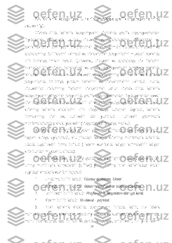 2.2. Kelishik kategoriyasi  turlarini  o‘qitishda grafik organayzerlarning
ustuvorligi.
O‘zbek   tilida   kelishik   kategoriyasini   o‘qitishda   grafik   organayzerlardan
foydalanish   pedagogik   usullar,   o‘quvchi   va   talabalarning   o‘zlashtirish   va
tashkillashtirish qobiliyatini rivojlantirish uchun muhimdir. Bu usullar o‘quvchi va
talabalarning faolliklarini oshiradi va o‘zlashtirish jarayonlarini  mustaqil  ravishda
olib   borishga   imkon   beradi.   Qolaversa,   o‘quvchi   va   talabalarga   o‘z   fikrlarini
boshqalar   bilan   o‘zaro   bahslashish   va   grafik   organayzerlarni   jamoaviy   ravishda
ishlatish  imkonini  beradi.   Ular  o‘quvchi  va  talabalarning tahlil   qilish  va  bog‘lash
jarayonlarida   bir-biriga   yordam   berishini   va   o‘zlashtirishini   oshiradi.   Bunda
o‘quvchilar   o‘zlarining   fikrlarini   o‘zlashtirish   uchun   o‘zbek   tilida   kelishik
kategoriyasini  o‘rganish   jarayonida   grafik  organayzerlardan   foydalanishdan  avval
o‘zi  o‘rganish va ma’lumotlarni tahlil  qilish imkoniyatiga ega bo‘ladi. Ma’lumki,
so‘zning   kelishik   shakllarini   olib   o‘zgarishiga   turlanish   deyiladi,   kelishik
formasining   o‘zi   esa   turlovchi   deb   yuritiladi.   Turlovchi   grammatik
morfemalarlarning shakl yasovchi (o‘zgartiruvchi) turiga mansub. 
Kelishik   o‘zi   qo‘shilgan   o‘zakni   grammatik   jihatdan   tugal   shakllantiradi,
negizni   so‘zga   aylantiradi,   shu   jihatdan   kelishik   so‘zning   morfematik   tarkibida
odatda   tugallovchi   forma   bo‘ladi   (   kesim   vazifasida   kelgan   ko‘makchili   kelgan
so‘z bundan mustasno, albatta). 
Bosh   kelishik,   avvalo,   otning   gapda   ega   ekanligini   ifodalaydigan   shakldir.
Uning   morfologik   ko`rsatkichi   (affiksi)   yo`q.   Otning   bosh   kelishikdagi   shakli
quyidagi sintaktik vazifani bajaradi:
1. Undalma bo`lib keladi:  Tilimni qichitma, Umar !
2. Atov gap bo`lib keladi:  Bahor. Atrof gullar bilan bezangan .
3. Izohlovchi bo`lib keladi:  Professor E.Begmatov darsga kirdi .
4. Kesim bo`lib keladi:  Toshkent - poytaxt .
5. Bosh   kelishik   shaklida   takrorlangan   holatda   kelib,   o`z   leksik
ma'nosidan tashqari, o`xshatish, miqdoriy ortiqlik va kuchaytirish kabi qo`shimcha
ma'no   ottenkalariga   ega   bo`ladi   va   gapda   ko`pincha,   aniqlovchi,   hol   yoki   kesim
36 