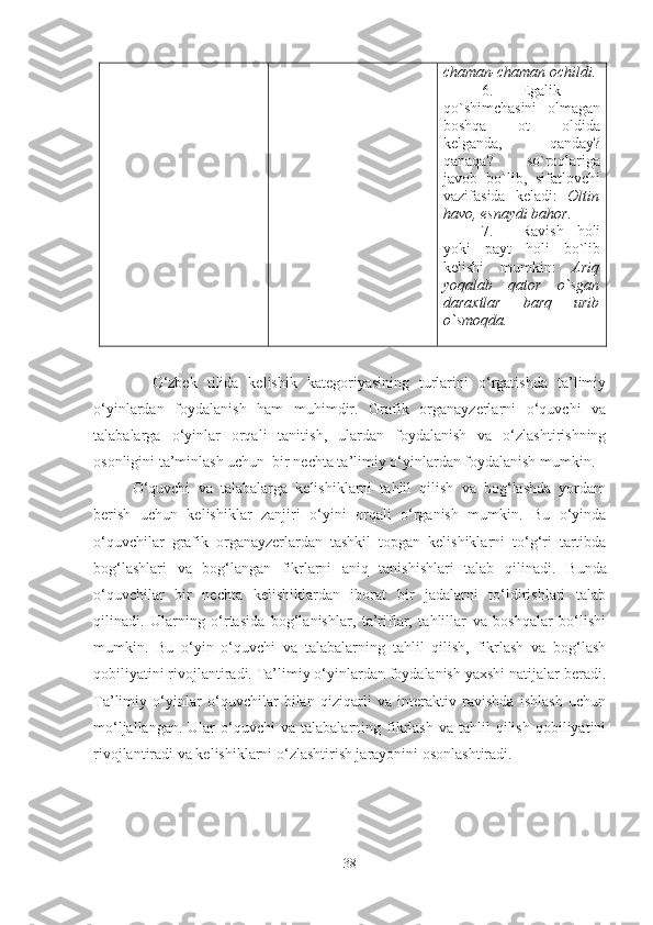 chaman-chaman ochildi.
6. Egalik
qo`shimchasini   olmagan
boshqa   ot   oldida
kelganda,   qanday?
qanaq а ?   so`roqlariga
javob   bo`lib,   sifatlovchi
vazifasida   keladi:   Oltin
havo, esnaydi bahor.
7. Ravish   holi
yoki   payt   holi   bo`lib
kelishi   mumkin:   Ariq
yoqalab   qator   o`sgan
daraxtlar   barq   urib
o`smoqda.
    O‘zbek   tilida   kelishik   kategoriyasining   turlarini   o‘rgatishda   ta’limiy
o‘yinlardan   foydalanish   ham   muhimdir.   Grafik   organayzerlarni   o‘quvchi   va
talabalarga   o‘yinlar   orqali   tanitish,   ulardan   foydalanish   va   o‘zlashtirishning
osonligini ta’minlash uchun  bir nechta ta’limiy o‘yinlardan foydalanish mumkin. 
O‘quvchi   va   talabalarga   kelishiklarni   tahlil   qilish   va   bog‘lashda   yordam
berish   uchun   kelishiklar   zanjiri   o‘yini   orqali   o‘rganish   mumkin.   Bu   o‘yinda
o‘quvchilar   grafik   organayzerlardan   tashkil   topgan   kelishiklarni   to‘g‘ri   tartibda
bog‘lashlari   va   bog‘langan   fikrlarni   aniq   tanishishlari   talab   qilinadi.   Bunda
o‘quvchilar   bir   nechta   kelishiklardan   iborat   bir   jadalarni   to‘ldirishlari   talab
qilinadi.   Ularning   o‘rtasida   bog‘lanishlar,   ta’riflar,   tahlillar   va   boshqalar   bo‘lishi
mumkin.   Bu   o‘yin   o‘quvchi   va   talabalarning   tahlil   qilish,   fikrlash   va   bog‘lash
qobiliyatini rivojlantiradi. Ta’limiy o‘yinlardan foydalanish yaxshi natijalar beradi.
Ta’limiy   o‘yinlar   o‘quvchilar   bilan   qiziqarli   va   interaktiv   ravishda   ishlash   uchun
mo‘ljallangan.  Ular  o‘quvchi   va  talabalarning  fikrlash   va  tahlil   qilish   qobiliyatini
rivojlantiradi va kelishiklarni o‘zlashtirish jarayonini osonlashtiradi.
38 