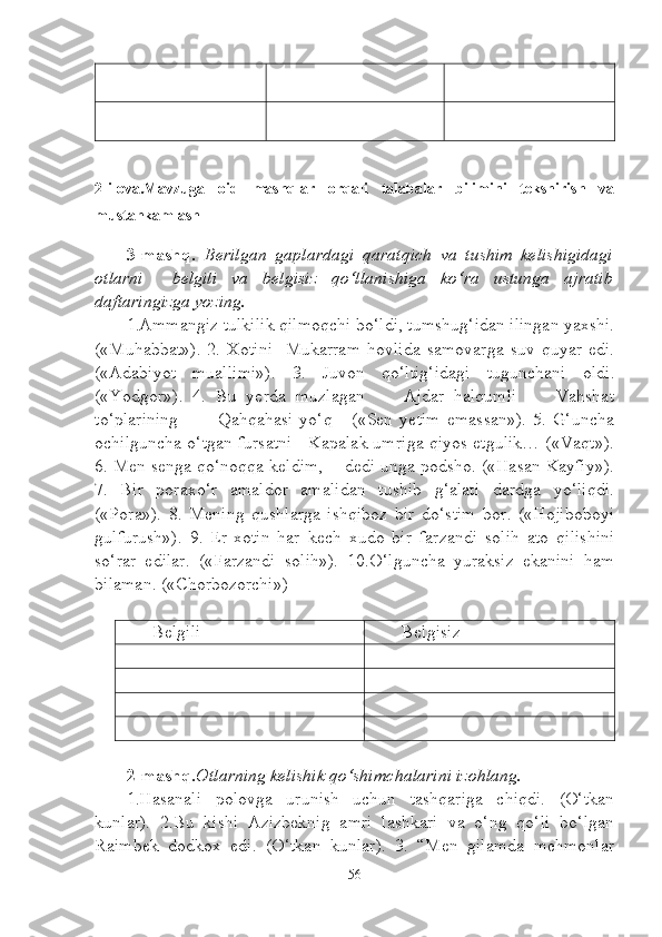 2-ilova.Mavzuga   oid   mashqlar   orqali   talabalar   bilimini   tekshirish   va
mustahkamlash
3-mashq.   Berilgan   gaplardagi   qaratqich   va   tushim   kelishigidagi
otlarni     belgili   va   belgisiz   qo‘llanishiga   ko‘ra   ustunga   ajratib
daftaringizga yozing.
1.Ammangiz tulkilik qilmoqchi bo‘ldi, tumshug‘idan ilingan yaxshi.
(«Muhabbat»).   2.   Xotini     Mukarram   hovlida   samovarga   suv   quyar   edi.
(«Adabiyot   muallimi»).   3.   Juvon   qo‘ltig‘idagi   tugunchani   oldi.
(«Yodgor»).   4.   Bu   yerda   muzlagan         Ajdar   halqumli         Vahshat
to‘plarining             Qahqahasi   yo‘q       («Sen   yetim   emassan»).   5.   G‘uncha
ochilguncha o‘tgan fursatni     Kapalak umriga qiyos etgulik… («Vaqt»).
6. Men senga qo‘noqqa keldim, -  dedi unga podsho. («Hasan Kayfiy»).
7.   Bir   poraxo‘r   amaldor   amalidan   tushib   g‘alati   dardga   yo‘liqdi.
(«Pora»).   8.   Mening   qushlarga   ishqiboz   bir   do‘stim   bor.   («Hojiboboyi
gulfurush»).   9.   Er-xotin   har   kech   xudo   bir   farzandi   solih   ato   qilishini
so‘rar   edilar.   («Farzandi   solih»).   10.O‘lguncha   yuraksiz   ekanini   ham
bilaman. («Chorbozorchi»)
Belgili Belgisiz
2-mashq. Otlarning kelishik qo‘shimchalarini izohlang.
1.Hasanali   polovga   urunish   uchun   tashqariga   chiqdi.   (O‘tkan
kunlar).   2.Bu   kishi   Azizbeknig   amri   lashkari   va   o‘ng   qo‘li   bo‘lgan
Raimbek   dodkox   edi.   (O‘tkan   kunlar).   3.   “Men   gilamda   mehmonlar
56 