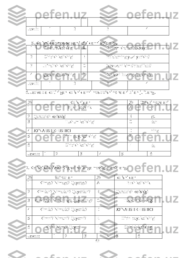 Javob: 1- 2 - 3  -  4 - 
5.  Kelishiklar mos kelgan juftliklarni aniqlang . 
1 Tushum kelishigi A Bobom shahardan qaytdi
2 Chiqish kelishigi B Bolalarning yuzi yorishdi
3 Jo‘ nalish kelishigi  C Darvozani kimdir taqillatdi
4   Qaratqich kelishigi D Har kuni bozorga borardik
Javob: 1- 2 - 3  -  4 - 
6.  Jadvalda keltirilgan kelishiklarni mos qo‘shimchalari bilan juftlang .
№ Kelishiklar № Qo‘shimchalari
1 Bosh kelishik A - ni 
2
Qaratqich  kelishigi B - ga
3 Tushum kelishigi C - dan
4
JO‘NALISH KELISHIGI D - ning
5 O‘rin-payt kelishigi E - - 
6 Chiqish kelishigi F -
da
Javob: 1 -  2 -  3 -  4 -  5 -   6 -
7 . Kelishikli so‘zlarning so‘roqlarga mosligini aniqlang.
№ So‘roqlar № kelishiklar
1 Kimga? Nimaga? Qayerga? A Bosh kelishik
2 Kimdan? Nimadan? Qayerdan? B
Qaratqich  kelishigi
3 Kimning? Nimaning? Qayerning? C Tushum kelishigi
4 Kimda? Nimada? Qayerda? D
JO‘NALISH KELISHIGI
5 Kimni? Nimani? Qayerni? E O‘rin-payt kelishigi
6 Kim? Nima? Qayer? F Chiqish kelishigi
Javob: 1 -  2 -  3 -          4 - 5 -  6-
63 