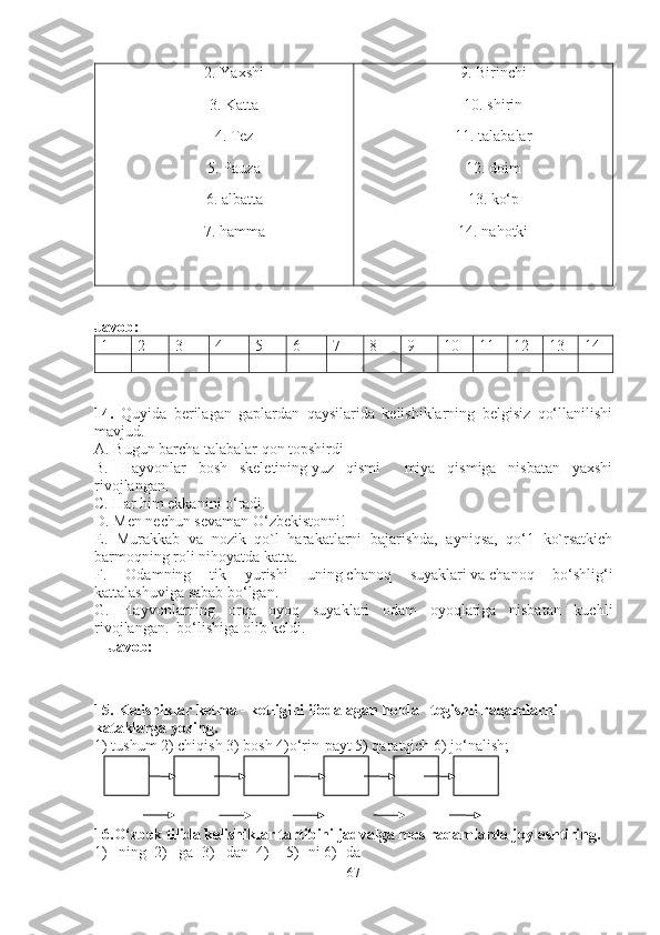 2. Yaxshi
3. Katta 
4. Tez
5. Pauza
6. albatta
7. h amma 9. Birinchi
10. shirin
11. t alabalar
12. doim
13. ko‘ p
14. n ahotki
Javob: 
1 2 3 4 5 6 7 8 9 10 11 12 13 14
1 4.   Quyida   berilagan   gaplardan   qaysilarida   kelishiklarning   belgisiz   qo‘llanilishi
mavjud.  
A. Bugun barcha talabalar qon topshirdi
B.   Hayvonlar   bosh   skeletining   yuz   qismi     miya   qismiga   nisbatan   yaxshi
rivojlangan.
C. Har him ekkanini o‘radi.
D. Men nechun sevaman O‘zbekistonni!
E.   Murakkab   va   nozik   qo`l   harakatlarni   bajarishda,   ayniqsa,   qo‘1   ko`rsatkich
barmoqning roli nihoyatda katta.
F.   Odamning   tik   yurishi   uning   chanoq   suyaklari   va   chanoq   bo‘shlig‘i
kattalashuviga sabab bo‘lgan .
G.   Hayvonlarning   orqa   oyoq   suyaklari   odam   oyoqlariga   nisbatan   kuchli
rivojlangan.  bo‘lishiga olib keldi.
Javob:  _________________________________________________________
15. Kelishiklar ketma - ketligini ifodalagan holda   tegishli raqamlarni 
kataklarga yozing.  
1) tushum 2) chiqish 3) bosh 4)o‘rin-payt 5) qaratqich 6) jo‘nalish; 
16.O‘zbek tilida kelishiklar tartibini jadvalga mos raqamlarda joylashtiring. 
1) –ning  2) –ga  3) –dan  4) -  5) -ni 6) -da 
67 