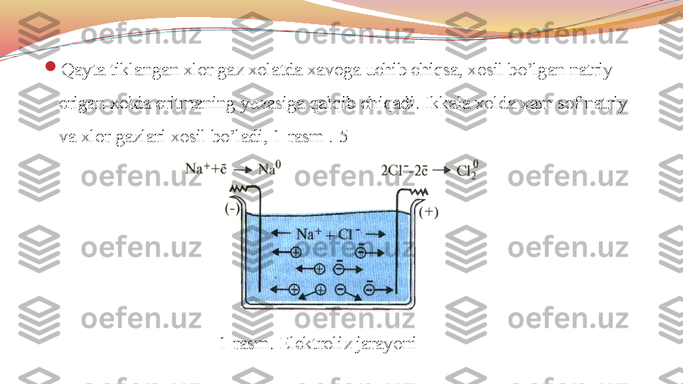 
Qayta tiklangan xlor gaz xolatda xavoga uchib chiqsa, xosil bo’lgan natriy 
erigan xolda eritmaning yuzasiga qalqib chiqadi. Ikkala xolda xam sof natriy 
va xlor gazlari xosil bo’ladi, 1-rasm .[5]
1- r asm. Elektroliz jarayoni 