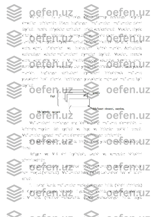 Ma’lumot     –     bu     uni     ma’nosiga     e’tibor     bermay     qaraladigan     ixtiyoriy
simvollar     to‘plamidir.   O‘zaro   bog‘langan     ma’lumotlar     ma’lumotlar   tizimi
deyiladi.   Barcha   ob’yektlar   atributlari     orkali xarakterlanadi.   Masalan,  obyekt
sifatida     fakultet,     biblioteka,     kompyuter     va     boshq   alarni     qarash   mumkin.
Jumladan,   kompyuter    obyektini   atributi    sifatida   hisoblash    tezligini,   operativ
xotira   xajmi,     o‘lchamlari     va     boshqalarni     ko‘rish   mumkin.   Atributlarda
saqlanadigan     xabarlar   ma’lumotlarni     qiymatlari     deyiladi.     Masalan,     operativ
xotira     xajmi     128     MB,     EHM     hisoblash   tezligi     sekundiga     5     mln.ta     amal.
Atributning  qiymatlari  mavjudki,  ular  yordamida  ob’ektlarni Identifikatsiyalash
mumkin.     Bog‘langan     atributlarni     qiymatlarni     birlashtirsak     ma’lumot
yozuvlarini   hosil   qilamiz.   Tartiblangan   yozuvlarnig   majmuasi   ma’lumot fayli
deyiladi.
Ma’lumotlarni     nomlangan     eng     kichik     birligi     ma’lumot     elementidir.     U
ko‘pincha   maydon     deb     aytiladi     va     bayt     va     bitlardan     tashki   l     topadi.
Ma’lumotlar  agregati  ma’lumot elementini  nomlangan  to‘plamidir.
MB  administratori   deyilganda  birorta  shaxs  yoki  bir  necha  shaxslardan
iborat 
Bo‘lgan   va   MB   sini   loyihalash,   uzatish   va   samarador   ishlashini
ta’minlovchidir.
Ma’lumotlar     bazasi     tushunchasi     bilan     ma’lumotlar     banki     tushunchasi
ham  mavjud (ishlatiladi).  Ma’lumotlar banki (MBn) tushunchasi  ikki  xil  talqin
etiladi.
1.  Hozirgi  kunda  ma’lumotlar  markazlashmagan  holda  (ishchi  o‘rinlarda)
SHK   yordamida     qayta     ishlanadi.     Il   gari     ular     alohida     xonalarda     joylashgan
EHM     larda     (hisoblash   markazlarida     (HM))     markazlashgan     holda     qayta 