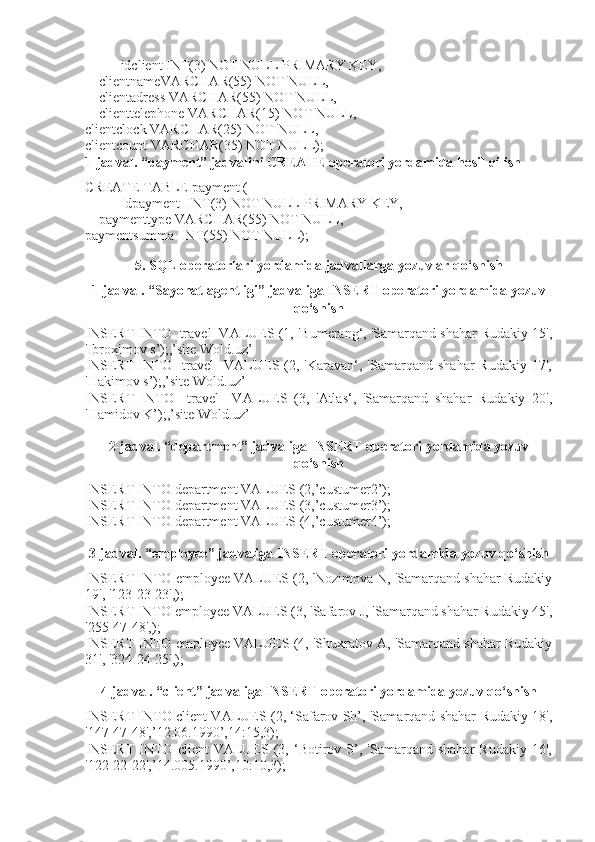 idclient INT(3) NOT NULL PRIMARY KEY,
    clientnameVARCHAR(55) NOT NULL,
    clientadress VARCHAR(55) NOT NULL,
    clienttelephone VARCHAR(15) NOT NULL,
clientclock VARCHAR(25) NOT NULL,
clientcount VARCHAR(35) NOT NULL);
1-jadval. “payment” jadvalini CREATE operatori yordamida hosil qilish
CREATE TABLE payment (
Idpayment  INT(3) NOT NULL PRIMARY KEY,
    paymenttype VARCHAR(55) NOT NULL,
paymentsumma  INT(55) NOT NULL);
5. SQL operatorlari yordamida jadvallarga yozuvlar qo‘shish
1-jadval. “ Sayohat agentligi ” jadvaliga INSERT operatori yordamida yozuv
qo‘shish
INSERT INTO  travel  VALUES (1, 'Bumerang‘, 'Samarqand shahar Rudakiy 15',
'Ibroximov s’);,’site Wold.uz’
INSERT   INTO    travel     VALUES  (2,  'Karavan‘,  'Samarqand  shahar   Rudakiy  17',
'Hakimov s’);,’site Wold.uz’
INSERT   INTO     travel     VALUES   (3,   'Atlas‘,   'Samarqand   shahar   Rudakiy   20',
'Hamidov K’);,’site Wold.uz’
2-jadval. “department” jadvaliga INSERT operatori yordamida yozuv
qo‘shish
INSERT INTO department VALUES (2,’custumer2’);
INSERT INTO department VALUES (3,’custumer3’);
INSERT INTO department VALUES (4,’custumer4’);
3-jadval. “employee” jadvaliga INSERT operatori yordamida yozuv qo‘shish
INSERT INTO employee VALUES (2, 'Nozimova N, 'Samarqand shahar Rudakiy
19', '123-23-23',);
INSERT INTO employee VALUES (3, 'Safarov J, 'Samarqand shahar Rudakiy 45',
'255-47-48',);
INSERT INTO employee VALUES (4, 'Shuxratov A, 'Samarqand shahar Rudakiy
31', '324-24-25',);
4-jadval. “client” jadvaliga INSERT operatori yordamida yozuv qo‘shish
INSERT INTO client VALUES (2, ‘Safarov Sh’, 'Samarqand shahar Rudakiy 18',
'147-47-48',’12.06.1990’,14:15,3);
INSERT   INTO   client   VALUES  (3,  ‘Botirov  S’,  'Samarqand   shahar   Rudakiy   16',
'122-22-22',’14.005.1990’,10:10,3); 