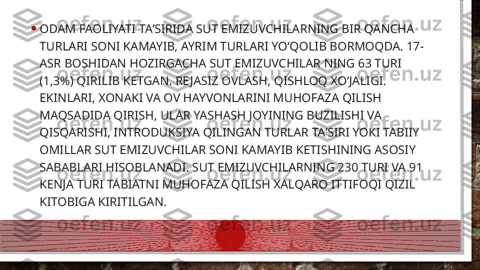 • ODAM FAOLIYATI TAʼSIRIDA SUT EMIZUVCHILARNING BIR QANCHA 
TURLARI SONI KAMAYIB, AYRIM TURLARI YOʻQOLIB BORMOQDA. 17-
ASR BOSHIDAN HOZIRGACHA SUT EMIZUVCHILAR NING 63 TURI 
(1,3%) QIRILIB KETGAN. RE JASIZ OVLASH, QISHLOQ XOʻJALIGI. 
EKINLARI, XONAKI VA OV HAYVONLARINI MUHOFAZA QILISH 
MAQSADIDA QIRISH, ULAR YASHASH JOYINING BUZILISHI VA 
QISQARISHI, INTRODUKSIYA QILINGAN TURLAR TAʼSIRI YOKI TABIIY 
OMILLAR SUT EMIZUVCHILAR SONI KAMAYIB KETISHINING ASOSIY 
SABABLARI HISOBLANADI. SUT EMIZUVCHILARNING 230 TURI VA 91 
KENJA TURI TABIATNI MUHOFAZA QILISH XALQARO ITTIFOQI QIZIL 
KITOBIGA KIRITILGAN.  