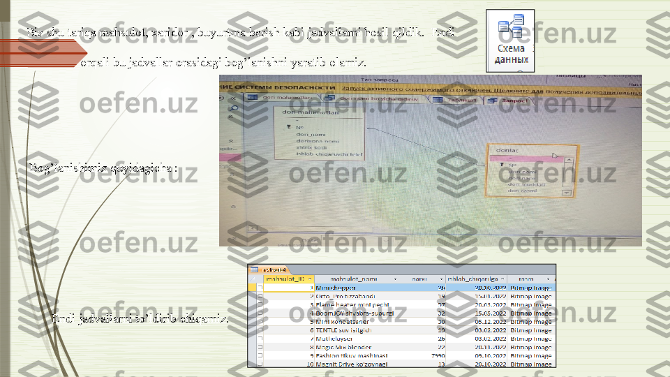 Biz shu tariqa mahsulot, xaridor , buyurtma berish kabi jadvallarni hosil qildik.  Endi
 
                  orqali bu jadvallar orasidagi bog’lanishni yaratib olamiz.
                   
  Bog’lanishimiz quyidagicha :
         Endi jadvallarni to’ldirib chiqamiz.              