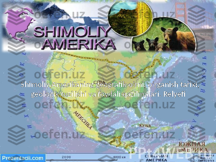 Shimoliy Amerikaning geografik o‘rni, o‘rganish tarixi, 
geologik tuzilishi va foydali qazilmalari. Relyefi   