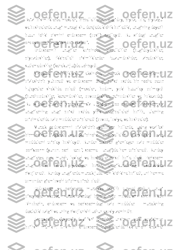 Ba’zi   o‘simliklarda   masalan,   birpallalilardan   bug‘doy,   piyoz,   lola,   piyozgul
va boshqalarda urug‘   murtagi shu darajada kichik bo‘ladiki, urug‘ning deyarli
butun   ichki   qismini   endosperm   (oqsil)   egallaydi.   Bu   xildagi   urug‘lar
endospermli urug‘lar deb ataladi.
Endospermli   urug‘lar   ko‘pincha   birpallalilar   ( bug‘doy doshlar,
piyozdoshlar),   ikkipallali   o‘simliklardan   ituzumdoshdar,   zira doshlar,
sutlamadoshlar (kanakunjut)da uchraydi.
Ko‘pgina   o‘simliklarda,   aksincha,   murtak   o‘sib,   endospermni
o‘zlashtirib   yuboradi   va   endosperm   urug‘   po‘sti   ostida   bir   necha   qator
hujayralar   shaklida   qoladi   (masalan,   bodom,   yoki   butunlay   qolmaydi
( burchoq doshlar,   karamd oshlar,   qovoqdoshlar,   ra’no doshlar   va   hokazoda).
Bu   xildagi   urug‘lar   endospermsiz   urug‘lar   deb   ataladi .   Endospermsiz
urug‘larning   urug‘   po‘sti   ostida   yirik   urug‘pallalari   bo‘lib,   ularning
to‘qimalarida oziq   moddalar to‘planadi (qovoq, loviya, va boshqa lar ).
Murtak   endospermni   o‘zlashtirib   yuborgan   hollarda,   uning   vazifasi
birmuncha   o‘zgaradi   va   (ko‘pincha   urug‘pallalari   g‘amlagan)   oziq
moddalarni   to‘play   boshlaydi.   Bundan   tashqari   g‘amlagan   oziq   moddalar
perisperm   (yunon.   peri   -   atrof;   sperma   -   urug‘)da   ham   to‘planadi.   Bunday
urug‘larga   qora   murch,   lavlagi   va   boshqalar   misol   bo‘la   oladi.   Perisperm
urug‘   po‘sti   ostida   joylashgan   bo‘lib,   urug‘kurtakning   nusellusidan
rivojlanadi. Bunday urug‘larda murtak juda   ham kichkina bo‘ladi, uni hamma
tomondan g‘amlovchi to‘qima   o‘rab oladi. 
Endosperm   va   perisperm   murtakka   taqalib   turgani   uchun   urug‘
o‘sayotgan   vaqtda,   murtak   ulardagi   barcha   oziq   moddalarni   so‘rib   oladi.
Binobarin,   endosperm   va   perispermdagi   oziq   moddalar   -   murtakning
dastlabki ozig‘i va   uning rivojlanishi uchun asosiy zamindir.
E ndosperm   kimyoviy   tuzilishi   jihatidan   unsimon   yoki   yog‘simon
bo‘lishi   mumkin.   Unsimon   endosperm   hujayralarida   ikkilamchi   kraxmal 