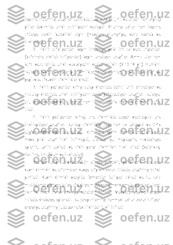 begona   o‘tlarning urug‘lari tuprokda juda ko‘p (10, 40 va undan   ham ziyod)
yillar   davomida   unish   qobiliyatini   saqlaydi.   Shuning   uchun   ham   begona
o‘tlarga   qarshi   kurashish   qiyin   (masalan,   shumg‘iya,   sariq   pechak   va
boshqalar).
2.   Pishib   to‘kilgandan   keyin   birdaniga   yoki   bir   oz   vaqt   o‘tgandan
(ko‘pincha   qishlab   bo‘lgandan)   keyin   unadigan   urug‘lar.   Ammo   ular   ham
ko‘p   vaqt   ichida   unish   xususiyatini   saqlab   qolishi   (7 - 12 - 18   yil)   mumkin.
Bularga   boshoqli   madaniy   o‘simliklar,   poliz   ekinlari,   cho‘l,   adir,   tog‘   va
yaylovda o‘suvchi o‘simliklar kiradi.
3.   Pishib   yetilgandan   so‘ng   qulay   sharoitda   darhol   unib   chiqadigan   va
noqulay   sharoitda   unish   qobiliyatini   tezda   yo‘qotadigan   urug‘lar.   Bularga:
tol,   terak,   sebarga   va   ko‘pgina   nam   iqlimli   tropik   o‘simliklar   misol   bo‘la
oladi.
4.   Pishib   yetilgandan   so‘ng,   ona   o‘simlikda   turgan   vaqtidayoq   una
boshlaydigan   urug‘lar.   Bunday   o‘simliklar   juda   ham   oz   uchraydi   va   tirik
tug‘ar   o‘simliklar   deb   ataladi.   Ko‘pincha   ayrim   o‘simliklarda   umuman
meva   yoki   urug‘   hosil   bo‘lmaydi,   ulardagi   gul   maydagina   novdachaga
aylanib,   uzilib   tushadi   va   o‘sib   yangi   o‘simlikni   hosil   qiladi   (kalanxoe,
rizofora, briofillum va boshqalar).
Yetilgan   urug‘   unishdan   oldin   albatta   bo‘rtishi,   ya’ni   ko‘p   miqdorda
suvni   shimishi   va   to‘qimalari   suvga   to‘yishi   zarur.   Odatda   urug‘ning   po‘sti
yoriladi.   Suvni   shimish   vaqgida   fermentlar   faoliyati   oshadi   va   bu   oziq
moddalarning erigan holga o‘xishiga murtakning meristema hujayralari ularni
osonlik   bilan   o‘zlashtirishiga   sababchi   bo‘ladi.   Masalan,   kraxmal   erigan
holatda   shakarga   aylanadi.   Bu   jarayonlarning   hammasi   uchun   zarur   bo‘lgan
energiya urug‘ning juda tez nafas olishidan hosil bo‘ladi. 