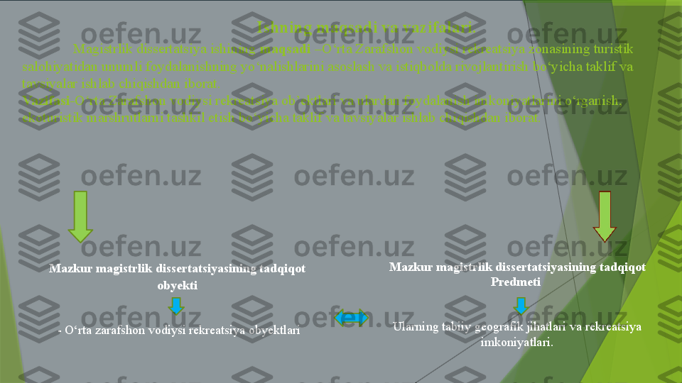                                             Ishning maqsadi va vazifalari. 
Magistrlik dissertatsiya ishining  maqsadi  –O‘rta Zarafshon vodiysi rekreatsiya zonasining turistik 
salohiyatidan unumli foydalanishning yo‘nalishlarini asoslash va istiqbolda rivojlantirish bo‘yicha taklif va 
tavsiyalar ishlab chiqishdan iborat.
Vazifasi- O‘rta Zarafshon vodiysi rekreatsiya ob’ektlari va ulardan foydalanish imkoniyatlarini o‘rganish, 
ekoturistik marshrutlarni tashkil etish bo‘yicha taklif va tavsiyalar ishlab chiqishdan iborat.
Mazkur magistrlik dissertatsiyasining tadqiqot 
obyekti 
- O‘rta zarafshon vodiysi rekreatsiya obyektlari Mazkur magistrlik dissertatsiyasining tadqiqot 
Predmeti  
Ularning tabiiy geografik jihatlari va  rekreatsiya  
imkoniyatlari.                 