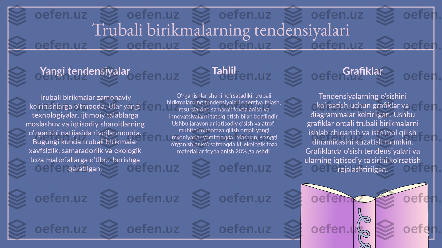 Trubali birikmalarning tendensiyalari
Yangi tendensiyalar
Trubali birikmalar zamonaviy 
ko‘rinishlarga o‘tmoqda. Ular yangi 
texnologiyalar, ijtimoiy talablarga 
moslashuv va iqtisodiy sharoitlarning 
o‘zgarishi natijasida rivojlanmoqda. 
Bugungi kunda trubali birikmalar 
xavfsizlik, samaradorlik va ekologik 
toza materiallarga e’tibor berishga 
qaratilgan. O‘rganishlar shuni ko‘rsatadiki, trubali 
birikmalarning tendensiyalari energiya tejash, 
resurslardan samarali foydalanish va 
innovatsiyalarni tatbiq etish bilan bog‘liqdir. 
Ushbu jarayonlar iqtisodiy o‘sish va atrof-
muhitni muhofaza qilish orqali yangi 
imkoniyatlar yaratmoqda. Masalan, so‘nggi 
o‘rganishlar ko‘rsatmoqda ki, ekologik toza 
materiallar foydalanish 20% ga oshdi. Tendensiyalarning o‘sishini 
ko‘rsatish uchun grafiklar va 
diagrammalar keltirilgan. Ushbu 
grafiklar orqali trubali birikmalarni 
ishlab chiqarish va iste’mol qilish 
dinamikasini kuzatish mumkin. 
Grafiklarda o‘sish tendensiyalari va 
ularning iqtisodiy ta’sirini ko‘rsatish 
rejalashtirilgan.Tahlil
Grafiklar 