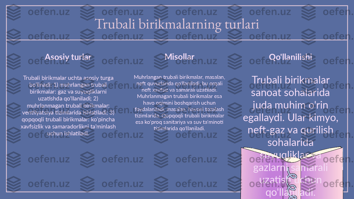 Trubali birikmalarning turlari
Asosiy turlar
Trubali birikmalar uchta asosiy turga 
bo'linadi: 1) muhrlangan trubali 
birikmalar: gaz va suyuqliklarni 
uzatishda qo'llaniladi; 2) 
muhrlanmagan trubali birikmalar: 
ventilyatsiya tizimlarida ishlatiladi; 3) 
qopqoqli trubali birikmalar: ko'pincha 
xavfsizlik va samaradorlikni ta'minlash 
uchun ishlatiladi. Muhrlangan trubali birikmalar, masalan, 
neft quvurlarida qo'llaniladi, bu orqali 
neft xavfsiz va samarali uzatiladi. 
Muhrlanmagan trubali birikmalar esa 
havo oqimini boshqarish uchun 
foydalaniladi, masalan, havoni tozalash 
tizimlarida. Qopqoqli trubali birikmalar 
esa ko'proq sanitariya va suv ta'minoti 
tizimlarida qo'llaniladi. Trubali birikmalar 
sanoat sohalarida 
juda muhim o'rin 
egallaydi. Ular kimyo, 
neft-gaz va qurilish 
sohalarida 
suyuqliklar va 
gazlarni samarali 
uzatish uchun 
qo'llaniladi.Misollar
Qo'llanilishi 