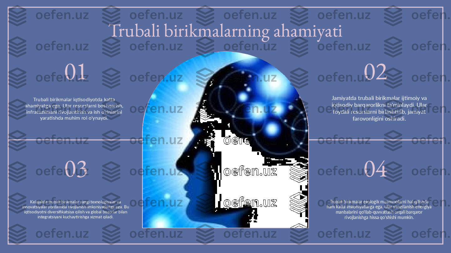 01
03 02
04Trubali birikmalarning ahamiyati
Jamiyatda trubali birikmalar ijtimoiy va 
iqtisodiy barqarorlikni ta'minlaydi. Ular 
foydali resurslarni birlashtirib, jamiyat 
farovonligini oshiradi.
Trubali birikmalar ekologik muammolarni hal qilishda 
ham katta imkoniyatlarga ega. Ular yangilanish energiya 
manbalarini qo'llab-quvvatlash orqali barqaror 
rivojlanishga hissa qo'shishi mumkin.Trubali birikmalar iqtisodiyotda katta 
ahamiyatga ega. Ular resurslarni boshqarish, 
infratuzilmani rivojlantirish va ish o'rinlarini 
yaratishda muhim rol o'ynaydi.
Kelajakda trubali birikmalar yangi texnologiyalar va 
innovatsiyalar yordamida rivojlanish imkoniyatlariga ega. Bu 
iqtisodiyotni diversifikatsiya qilish va global bozorlar bilan 
integratsiyani kuchaytirishga xizmat qiladi.
Photo by  Ashkan Forouzani  on  Unsplash 