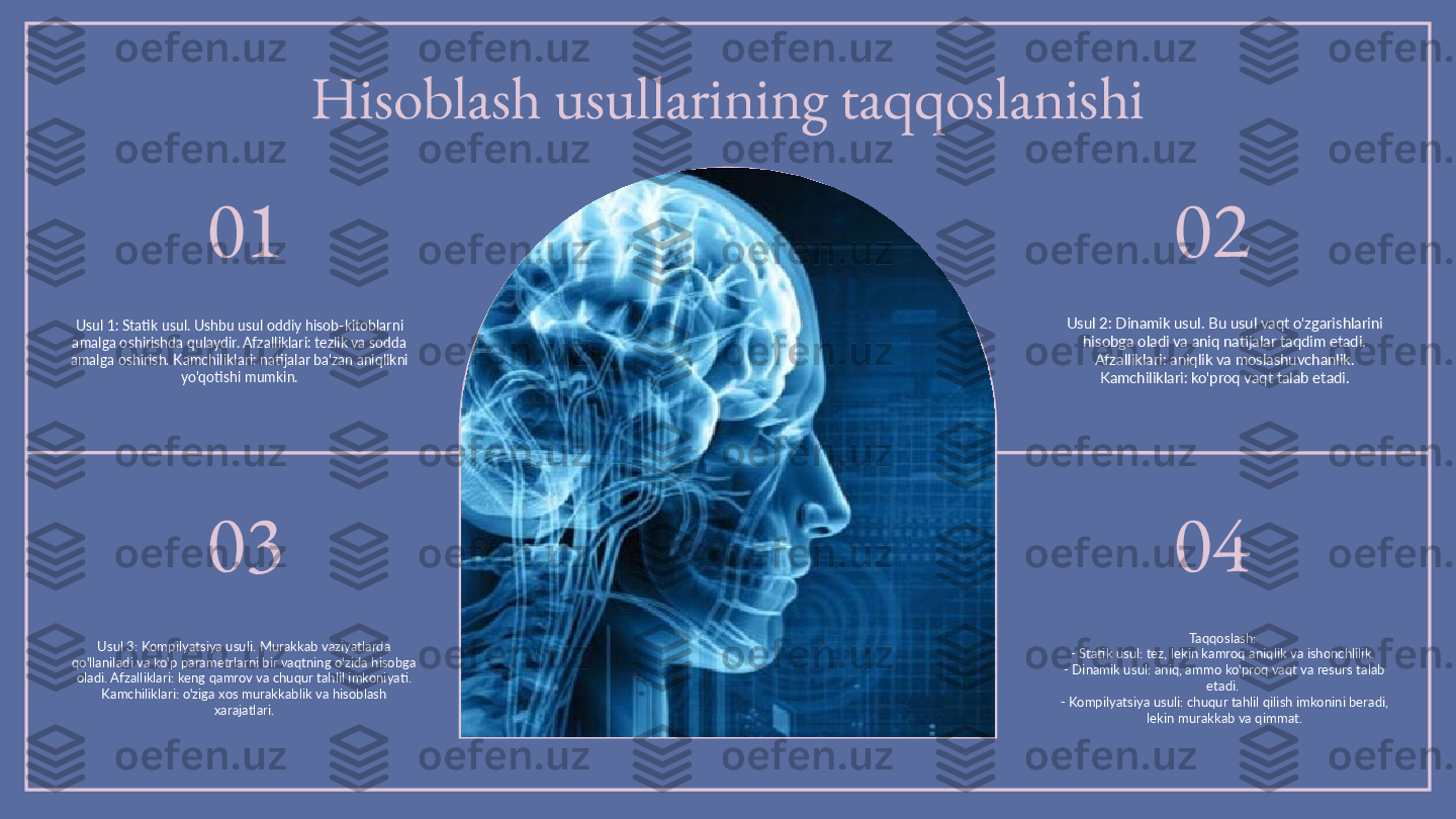 01
03 02
04Hisoblash usullarining taqqoslanishi
Usul 2: Dinamik usul. Bu usul vaqt o'zgarishlarini 
hisobga oladi va aniq natijalar taqdim etadi. 
Afzalliklari: aniqlik va moslashuvchanlik. 
Kamchiliklari: ko'proq vaqt talab etadi.
Taqqoslash: 
- Statik usul: tez, lekin kamroq aniqlik va ishonchlilik. 
- Dinamik usul: aniq, ammo ko'proq vaqt va resurs talab 
etadi. 
- Kompilyatsiya usuli: chuqur tahlil qilish imkonini beradi, 
lekin murakkab va qimmat.Usul 1: Statik usul. Ushbu usul oddiy hisob-kitoblarni 
amalga oshirishda qulaydir. Afzalliklari: tezlik va sodda 
amalga oshirish. Kamchiliklari: natijalar ba'zan aniqlikni 
yo'qotishi mumkin.
Usul 3: Kompilyatsiya usuli. Murakkab vaziyatlarda 
qo'llaniladi va ko'p parametrlarni bir vaqtning o'zida hisobga 
oladi. Afzalliklari: keng qamrov va chuqur tahlil imkoniyati. 
Kamchiliklari: o'ziga xos murakkablik va hisoblash 
xarajatlari.
Photo by  Ashkan Forouzani  on  Unsplash 