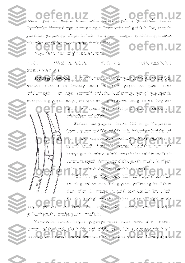 ikkala   oyoq   bir   vaqtda   erdan   uzilib   qolishga   yo‘l   qo‘ymaslikdan   iborat.
Oyoqlardan   birontasi   erga   tegmay   turgan   fursat   sodir   bo‘lgudek   bo‘lsa,   sportchi
yurishdan   yugurishga   o‘tgan   bo‘ladi.   Bu   qoidani   buzgan   sportchining   maxsus
hakamlar tomonidan musobaqadan chetlatadilar.
Yugurish turlari to’g’rida tushuncha
TURLI   MASOFALARGA   YUGURISH   TEXNIKASINING
XUSUSIYATLARI.
100 m ga Yugurish.   100 metrlik masofani imkoniyat boricha yuqori tezlikda
yugurib   o'tish   kerak.   Bunday   tezlik   har   doim   yuqori   ish   quwati   bilan
aniqlanmaydi.   Har   qaysi   sprintchi   ortiqcha   kuchanmay,   yengil   yugurganda
erishgan   eng   yuqori   tezligi,   shu   sprintchining   maksimal   tezligi   bo'ladi.   Eng   zo'r
ustolar   ish   quwati   yuqori   bo'lganda   yuqori   tezlikkaham
erishadigan bo'ladilar.
Startdan   tez   yugurib   chiqish   100   m   ga   Yugurishda
(tezroq   yuqori   tezlikka   erishib   olib,   imkoniyat   boricha   uni
marragacha   saqlab   borish   uchun)   jo'shqin   tezlanishga
aylanib   ketadi.   Biroq   100   metrga   Yugurishda   ham   o'sib
borayotgan charchash sababli  masofaning oxirida tezlik bir
qancha   pasayadi.   Ammo   qanchalik  yaxshi   mashq   ko'rilgan
bo'lsa, charchash shunchalik kech boshlanadi.
2 0 0   m e t r g a   Y u g u r i s h .  200 metr Yugurish texnikasi
startning   joyi   va   ma sofaning   yarmi   yo'lkaning   burilishida
ekani   bilan   100   metrga   Yugurish   texnikasidan   farq   qiladi.
Startdan   keyingi   masofani   ko'proq   qismini   to'g'ri   chiziq
bo'ylab   yugurib   o'tish   uchun   start   tirgaklari   bo-   rilishiga   urinma   chiziqda
yo'lkaning tashqi chetiga yaqin o'rnatiladi.
Yuguruvchi   burilish   bo'ylab   yugurayotganida   butun   tanasi   bilan   ichkari
tomon   og'ishi   kerak,   aks   holda   egri   chiziq   ho 6
  u   lab   yugurayotganda   hosil
bo'ladigan markazdan qochma kuch uni chetga chiqarib yuboradi. Bunday og'ish 
